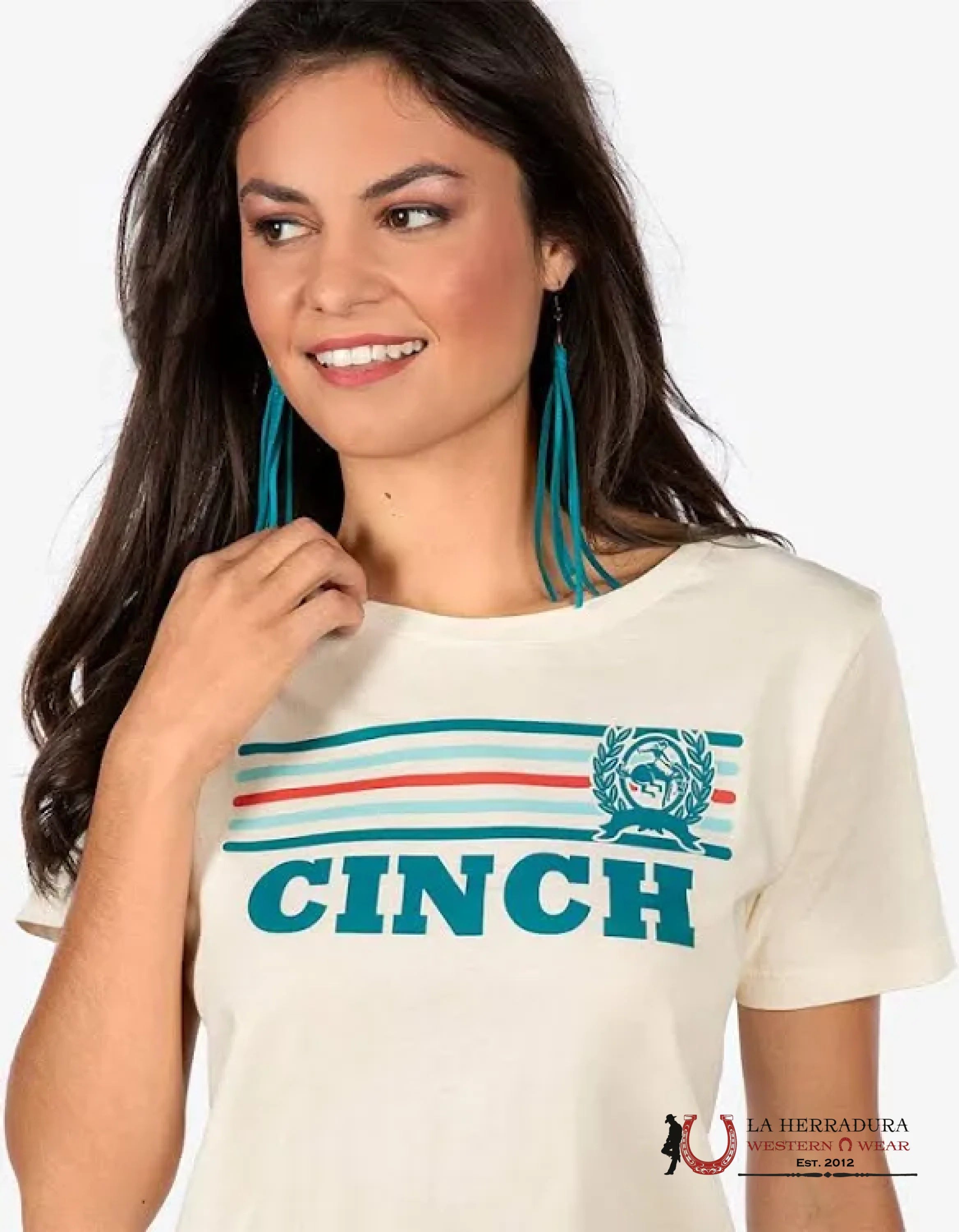 CINCH WOMEN T-SHIRT TAN BLUE AND RED CINCH LOGO MSK7901008 ROPA MUJERES