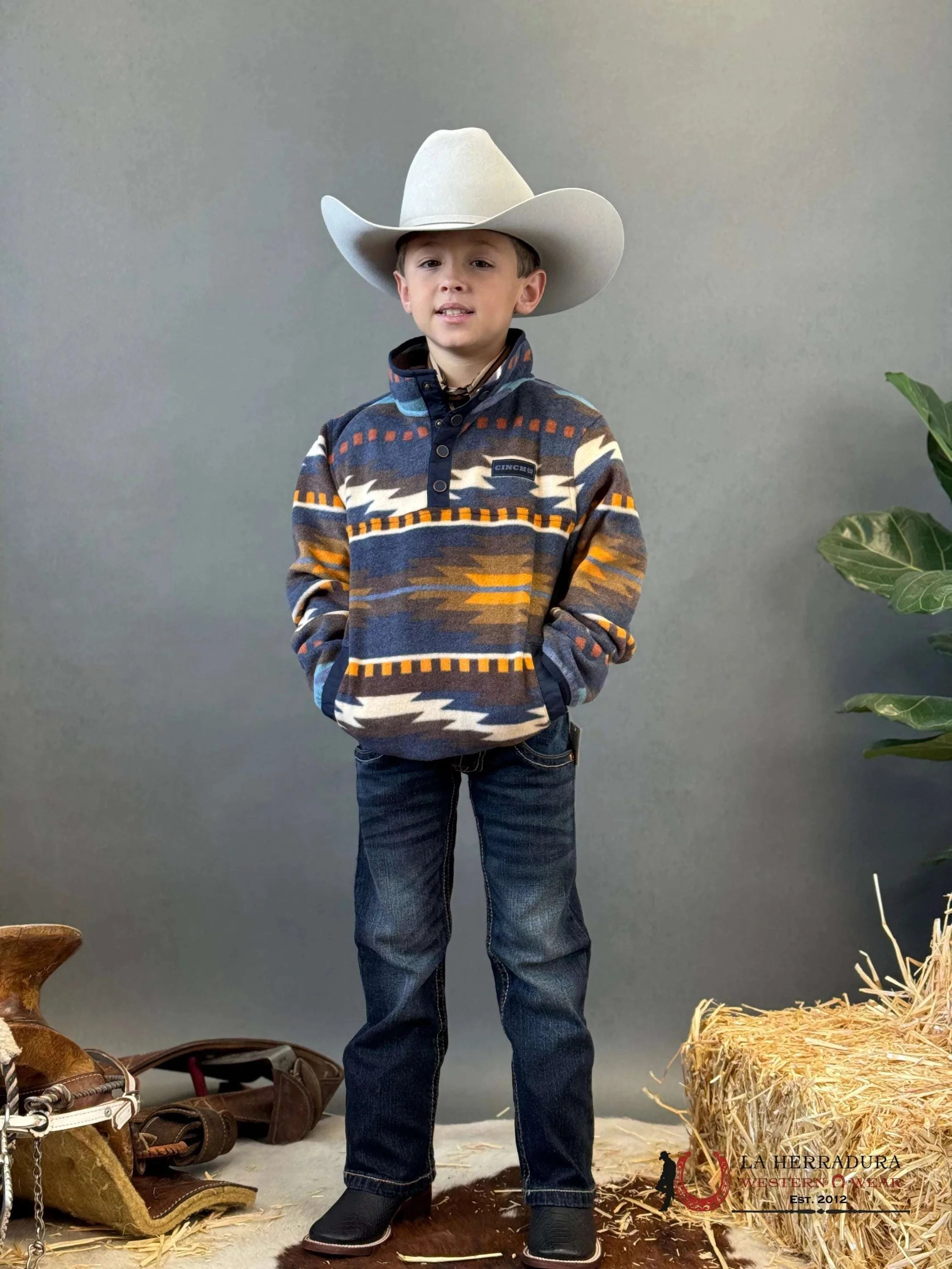 Cinch Youth Fleece Blue Aztec Pull Over Niños
