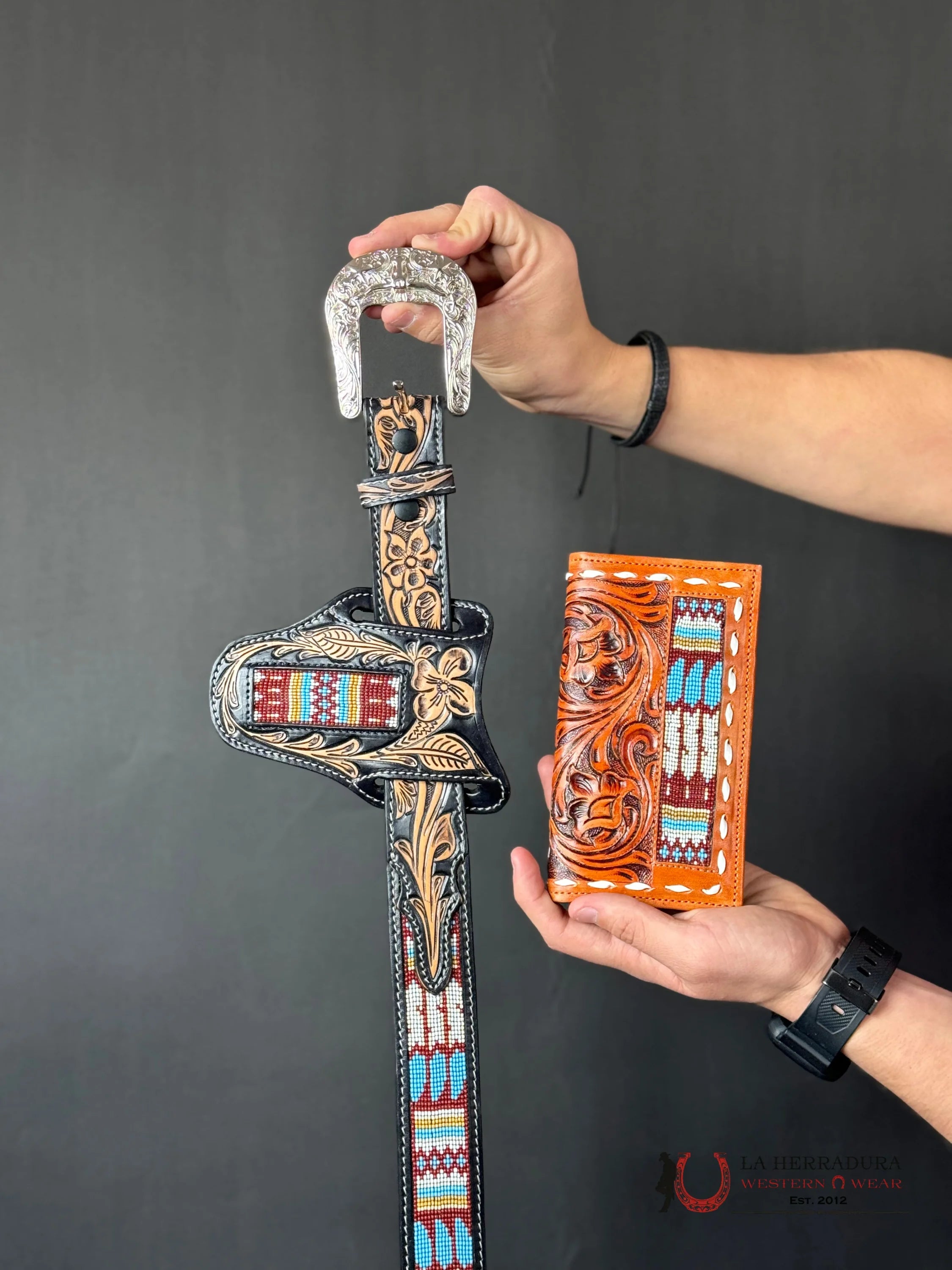 Cinto Azteca Cuero Cincelado Azul / White Only Belt! Cinturones Hombres