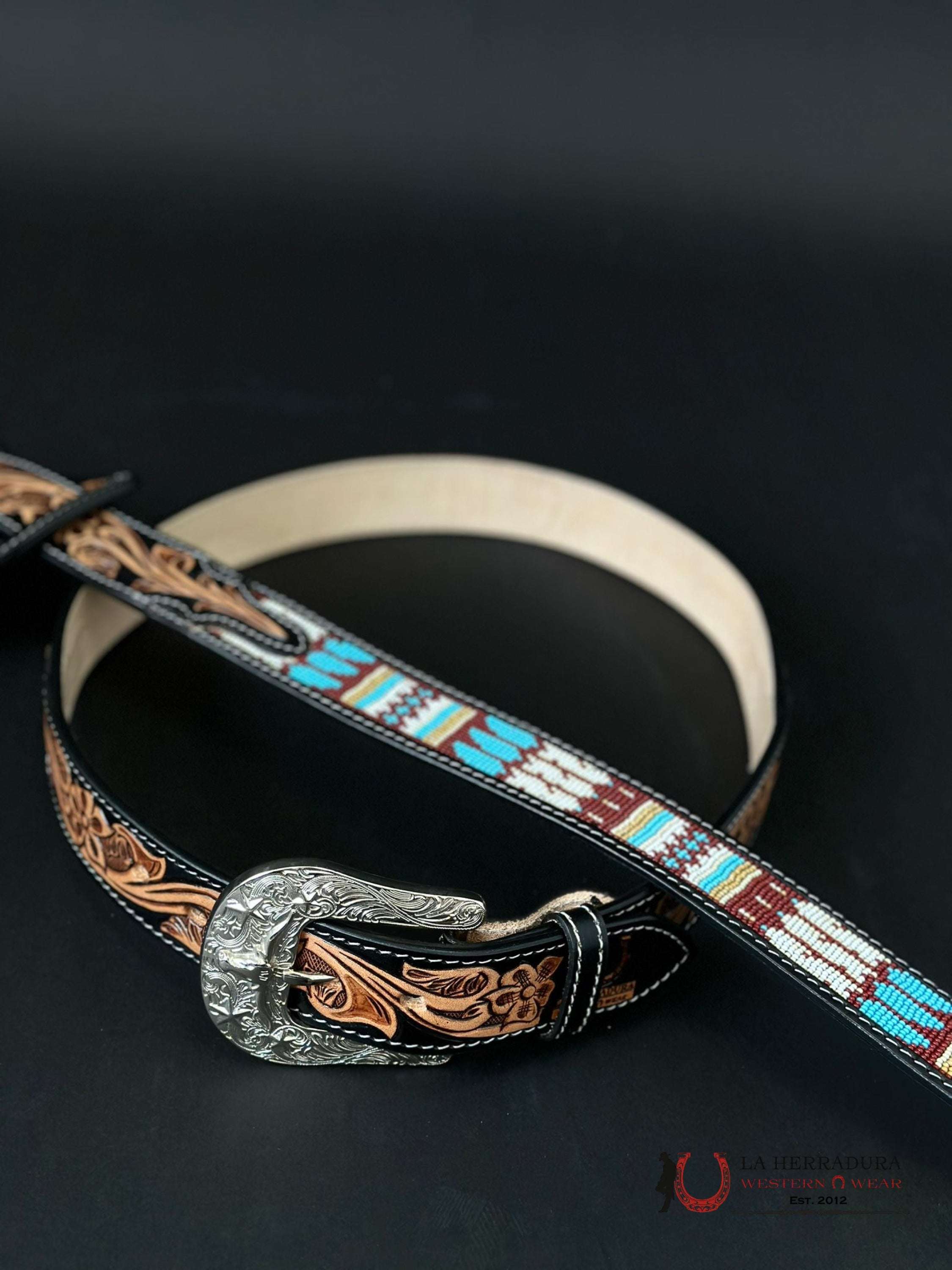 Cinto Azteca Cuero Cincelado Azul / White Only Belt! Cinturones Hombres