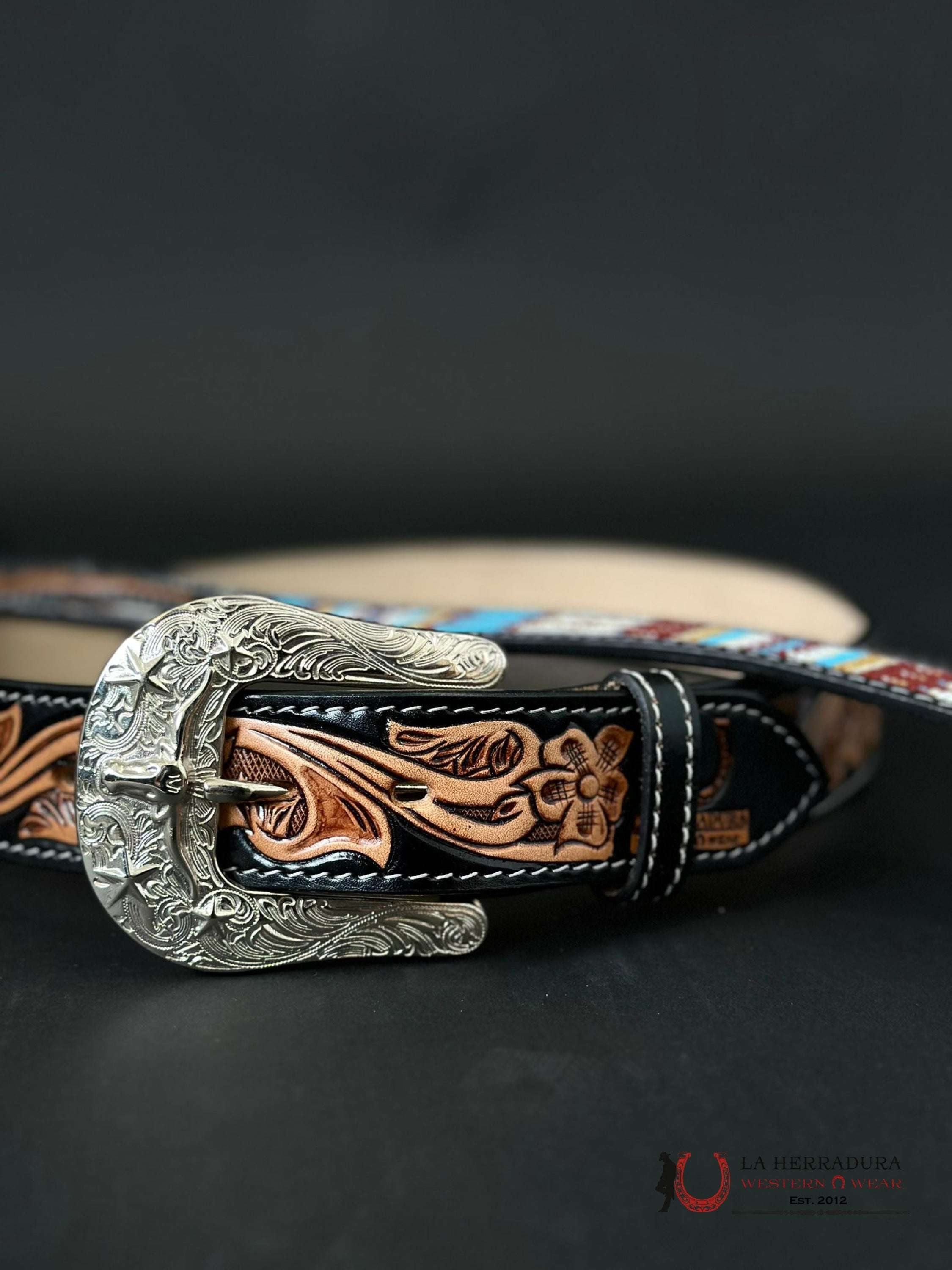 Cinto Azteca Cuero Cincelado Azul / White Only Belt! Cinturones Hombres