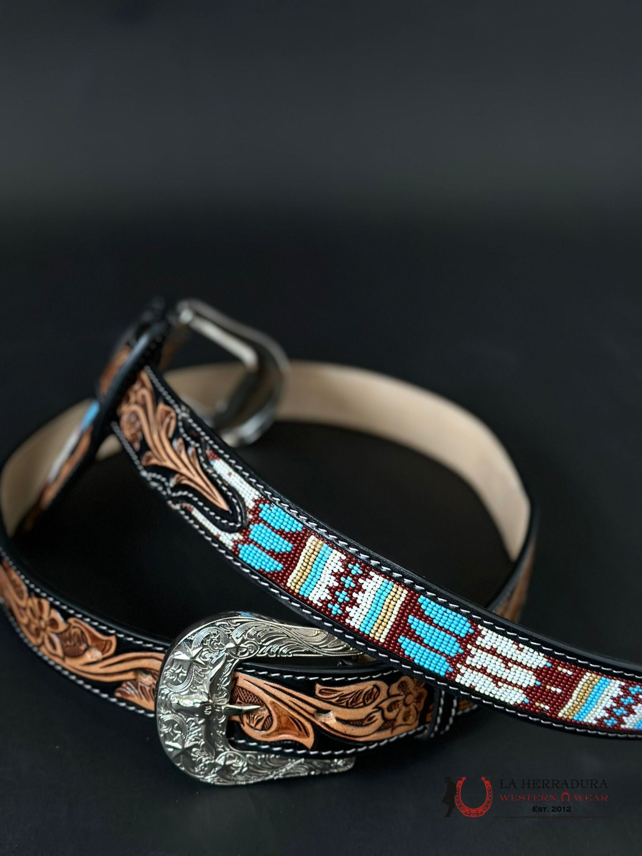 Cinto Azteca Cuero Cincelado Azul / White Only Belt! Cinturones Hombres