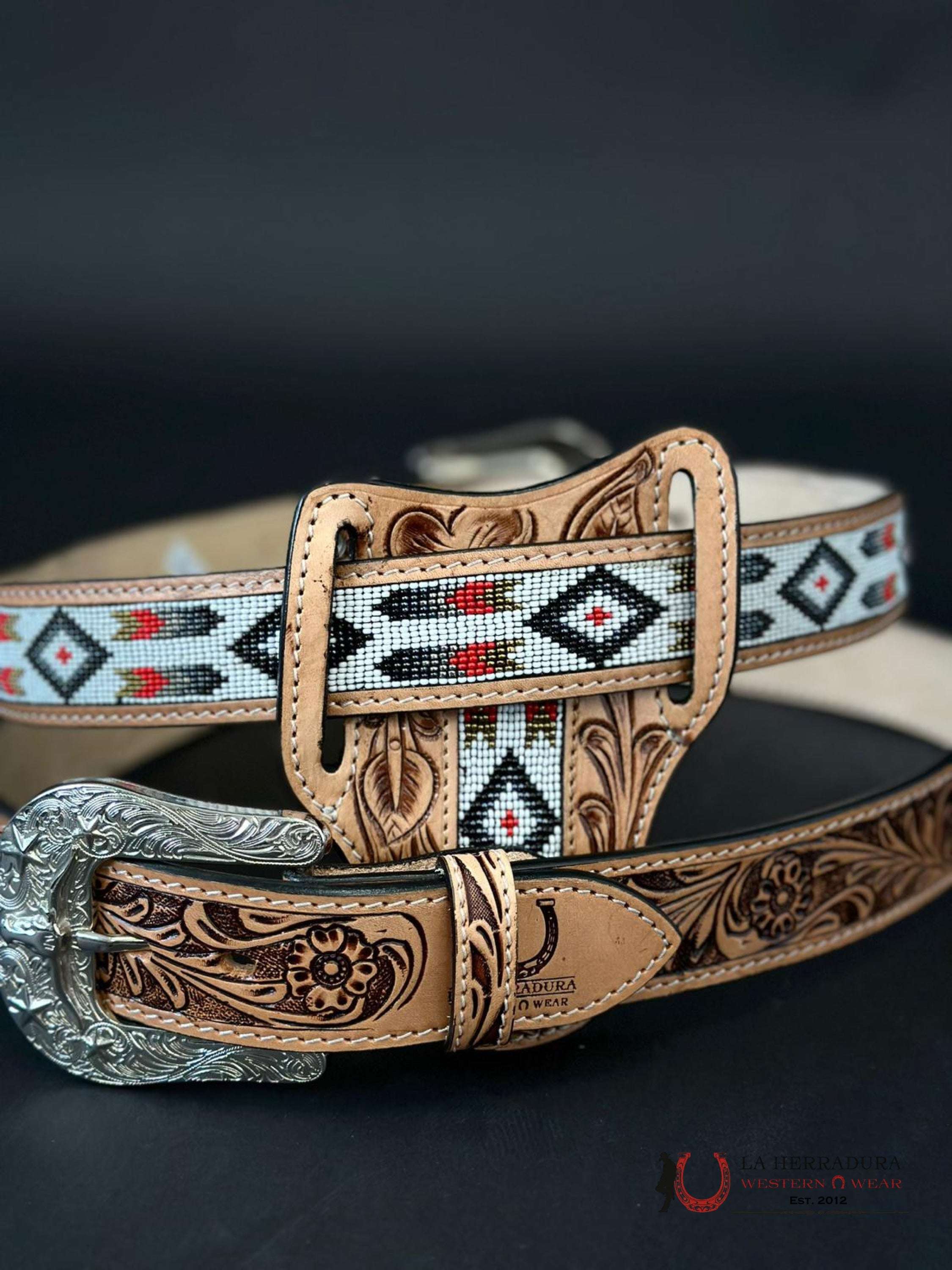 Cinto Azteca Cuero Cincelado Blanco / Negro Only Belt! Cinturones Hombres