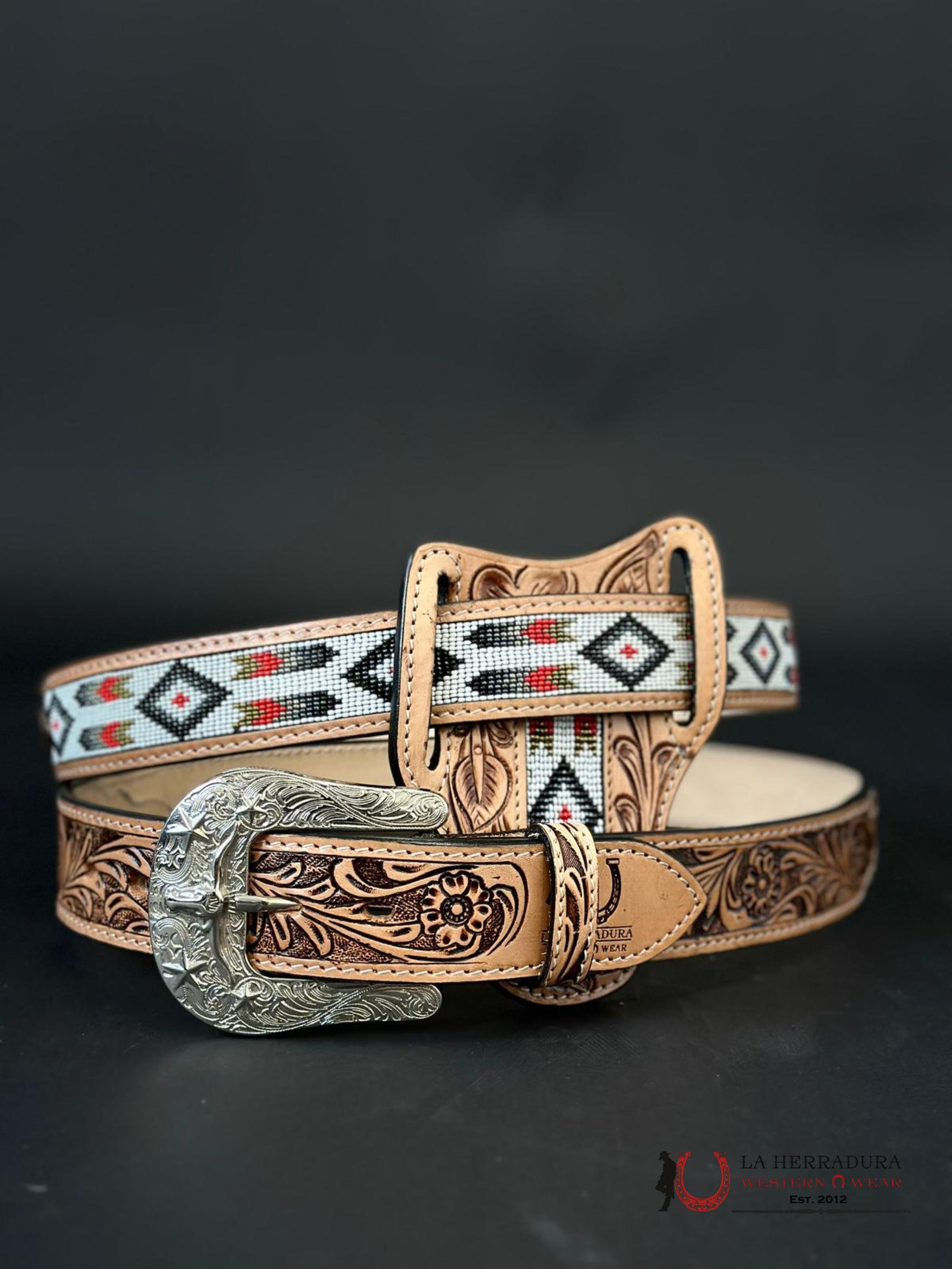 Cinto Azteca Cuero Cincelado Blanco / Negro Only Belt! Cinturones Hombres