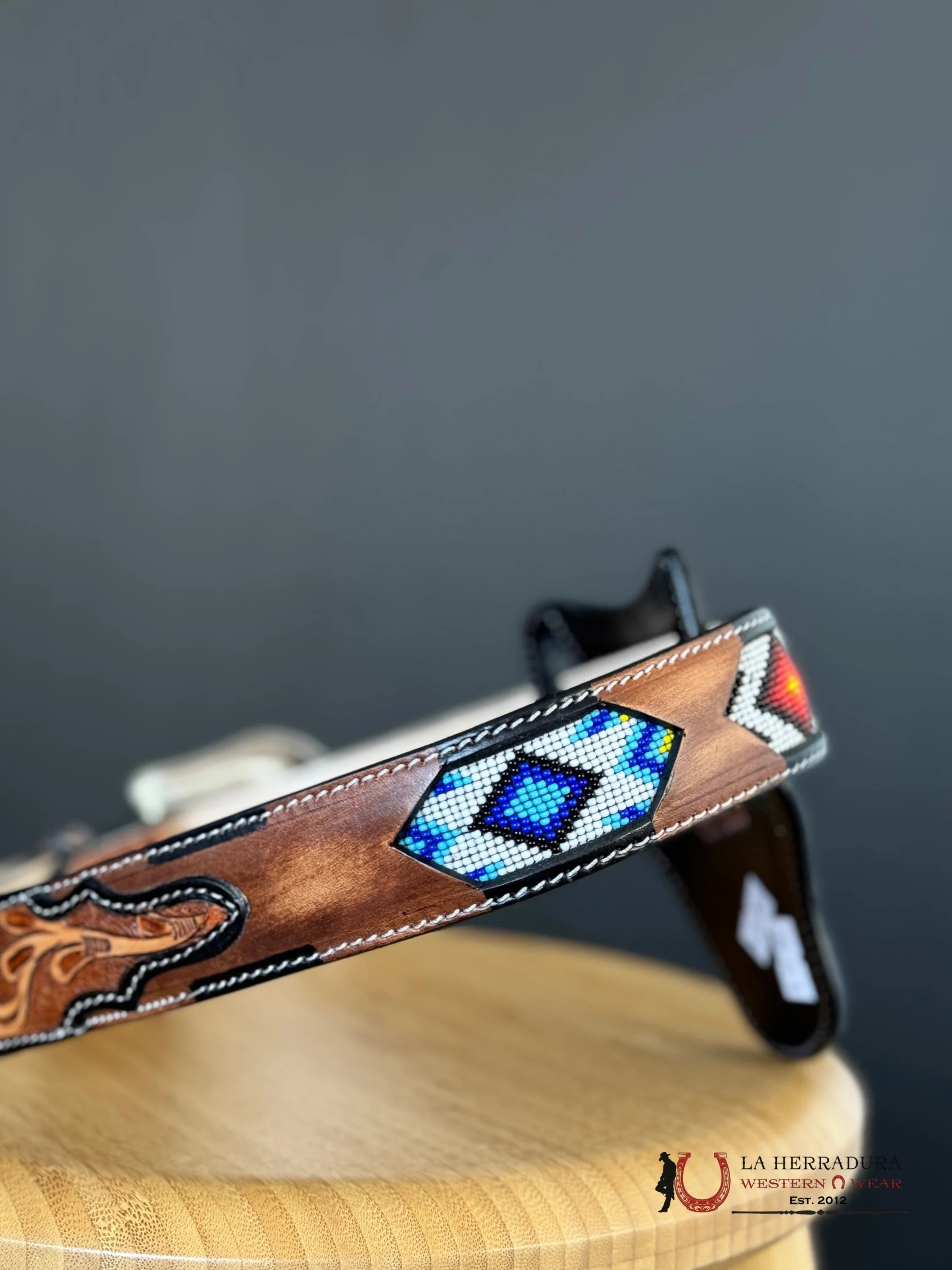 Cinto Azteca Cuero Cincelado Blue/White Only Belt! Cinturones Hombres