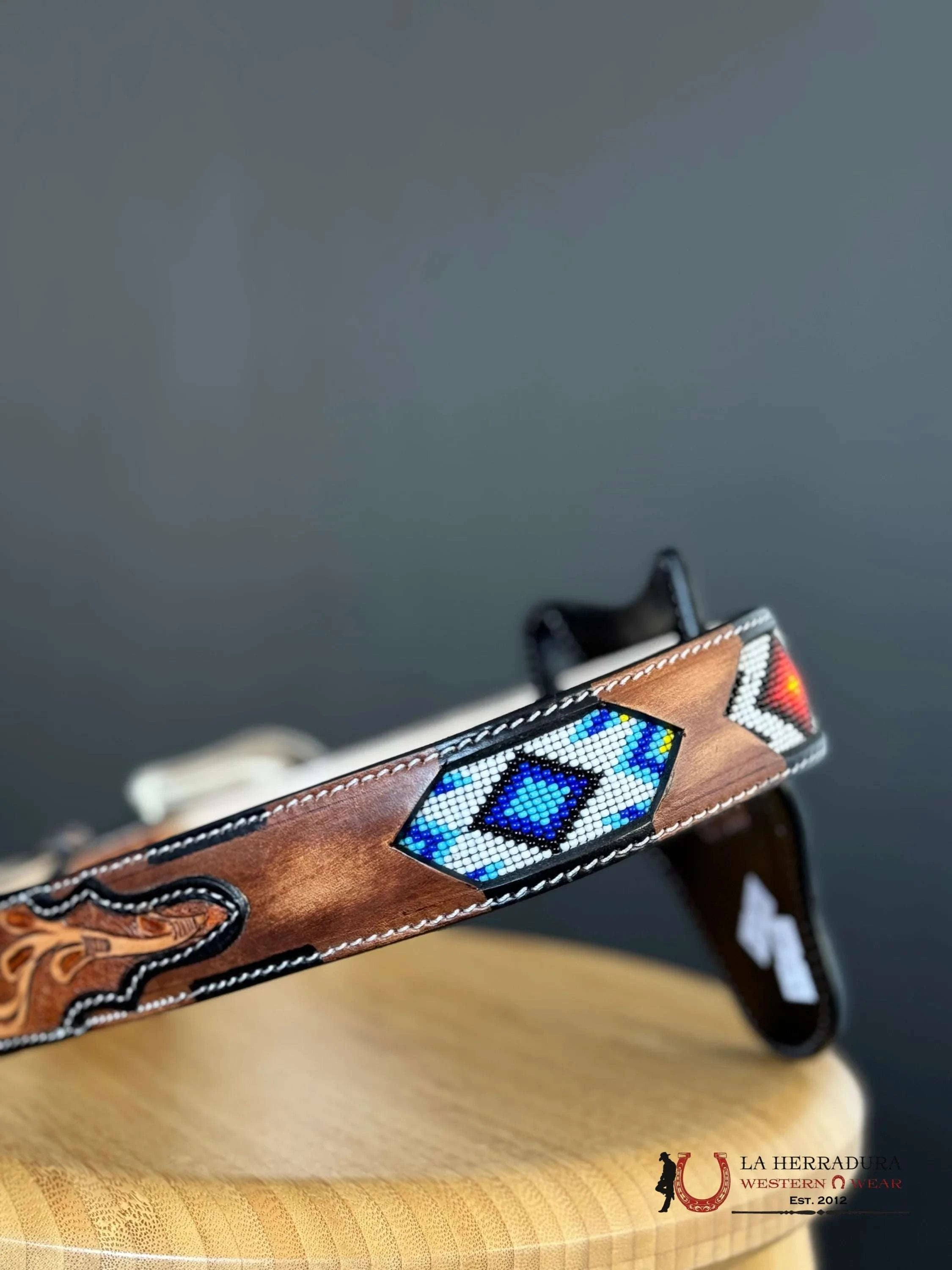 Cinto Azteca Cuero Cincelado Blue/White Only Belt! Cinturones Hombres