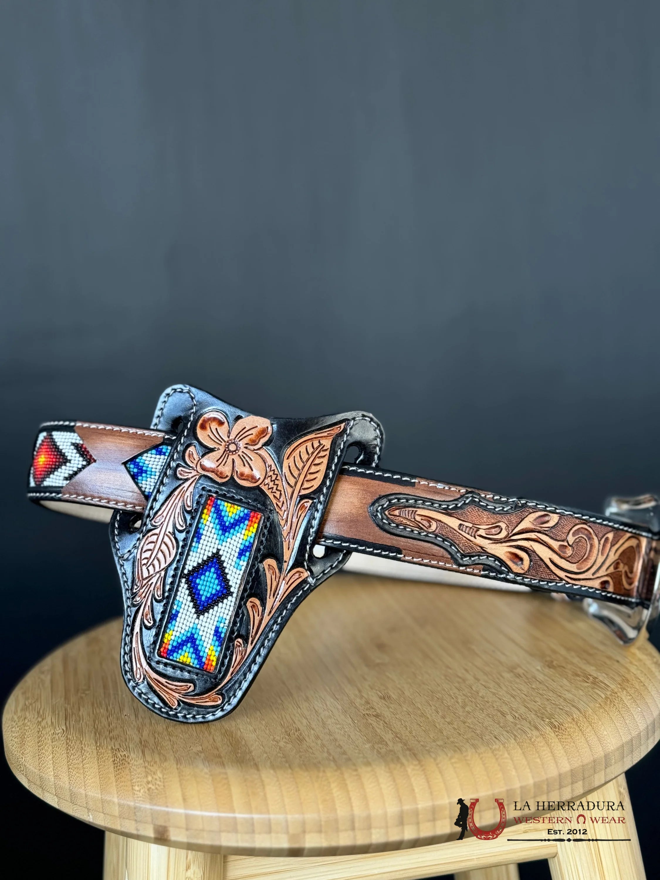 Cinto Azteca Cuero Cincelado Blue/White Only Belt! Cinturones Hombres