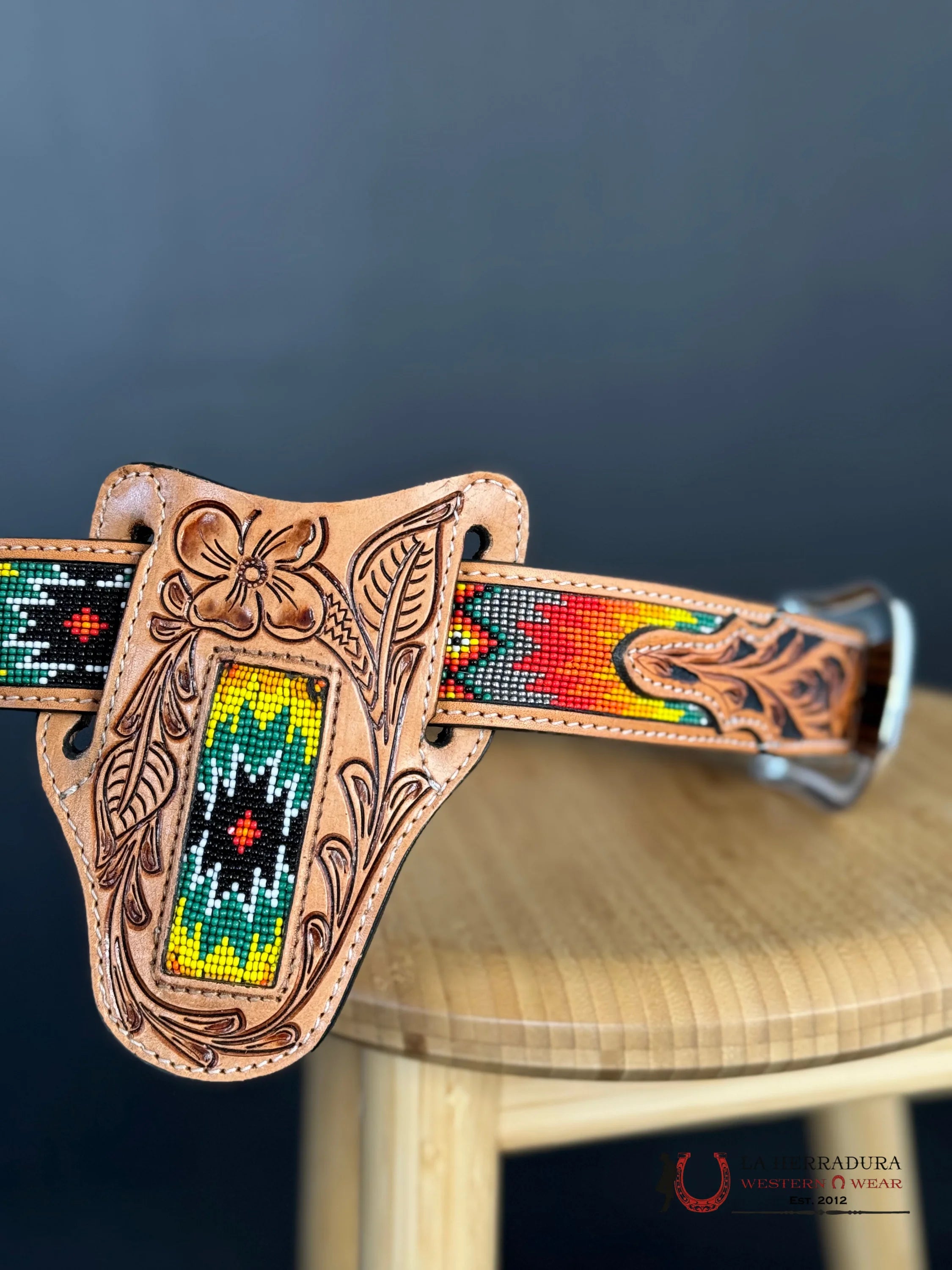 Cinto Azteca Cuero Cincelado Orange/Green Only Belt! Cinturones Hombres