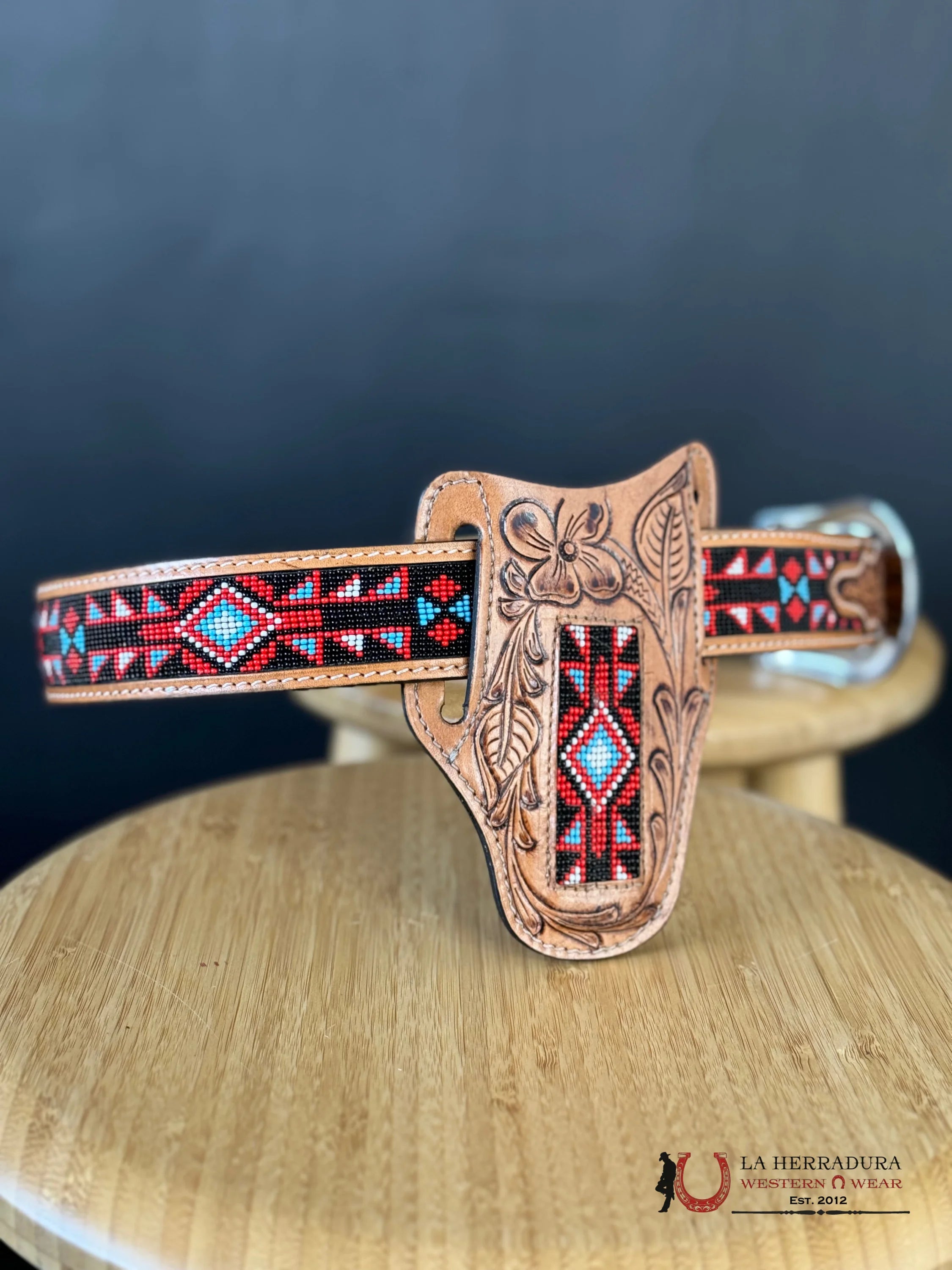 Cinto Azteca Cuero Cincelado Red/Black Blue Only Belt! Cinturones Hombres