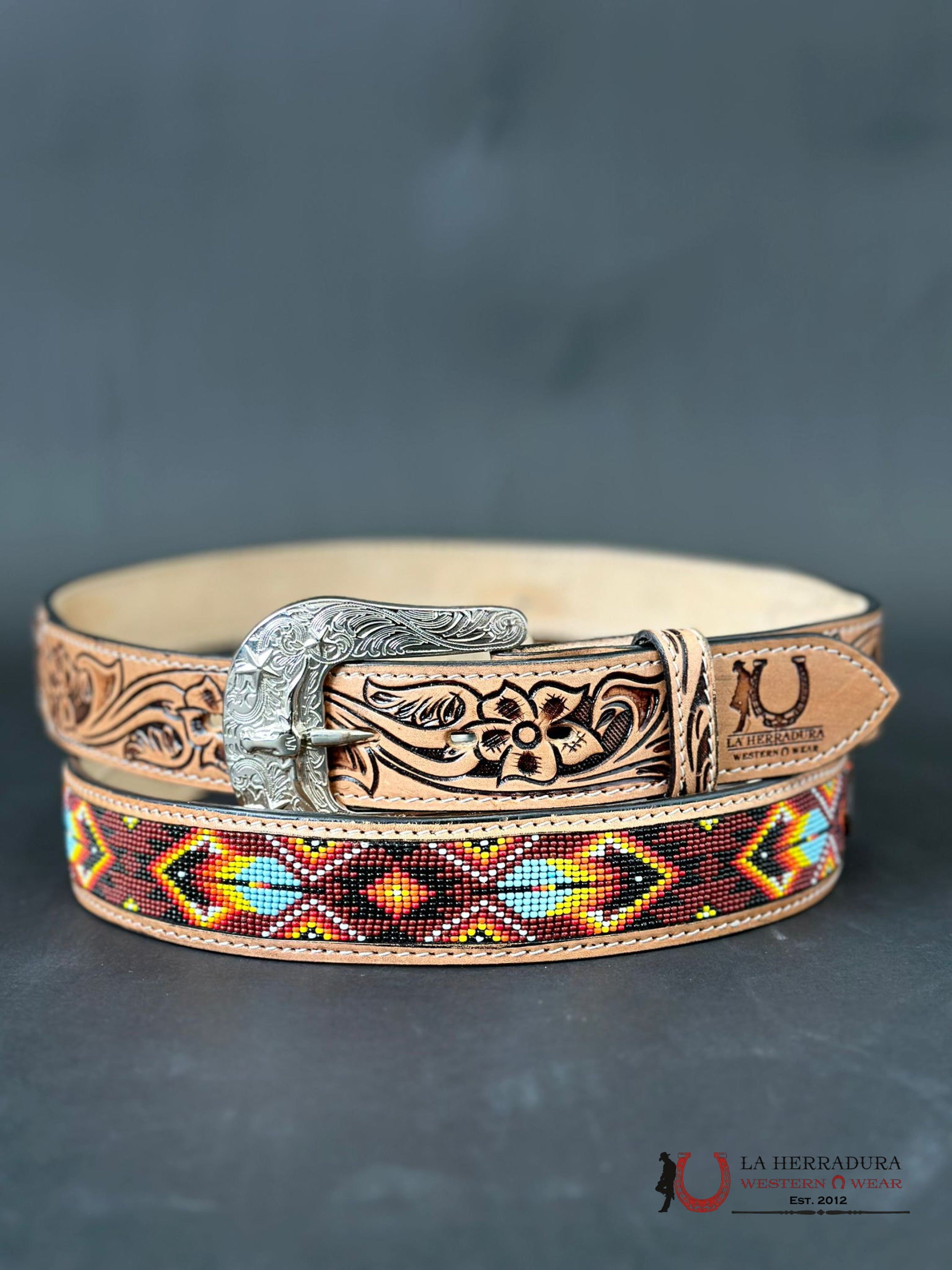 Cinto Azteca Cuero Cincelado Rojo / Amarillo Only Belt! Cinturones Hombres