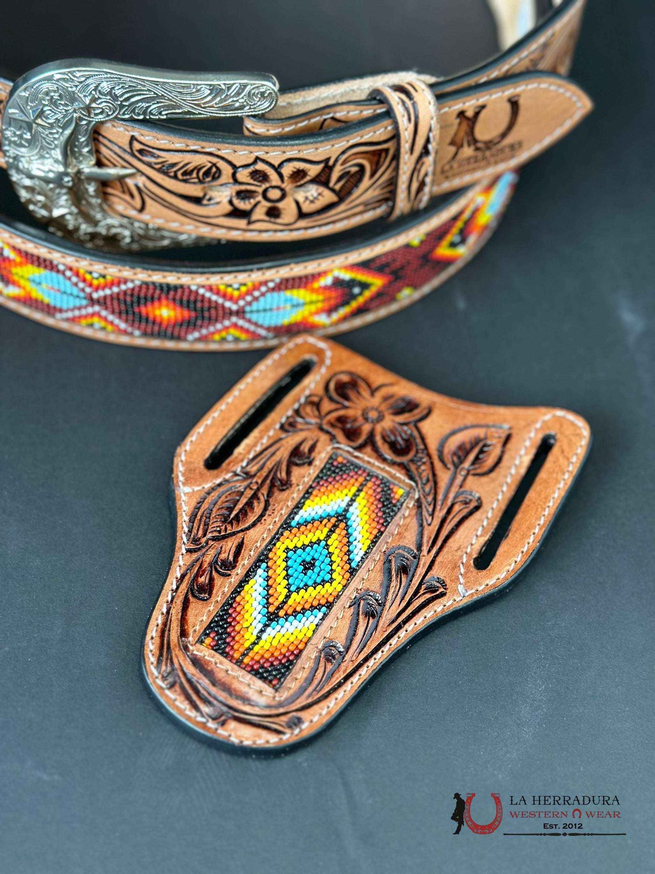Cinto Azteca Cuero Cincelado Rojo / Amarillo Only Belt! Cinturones Hombres
