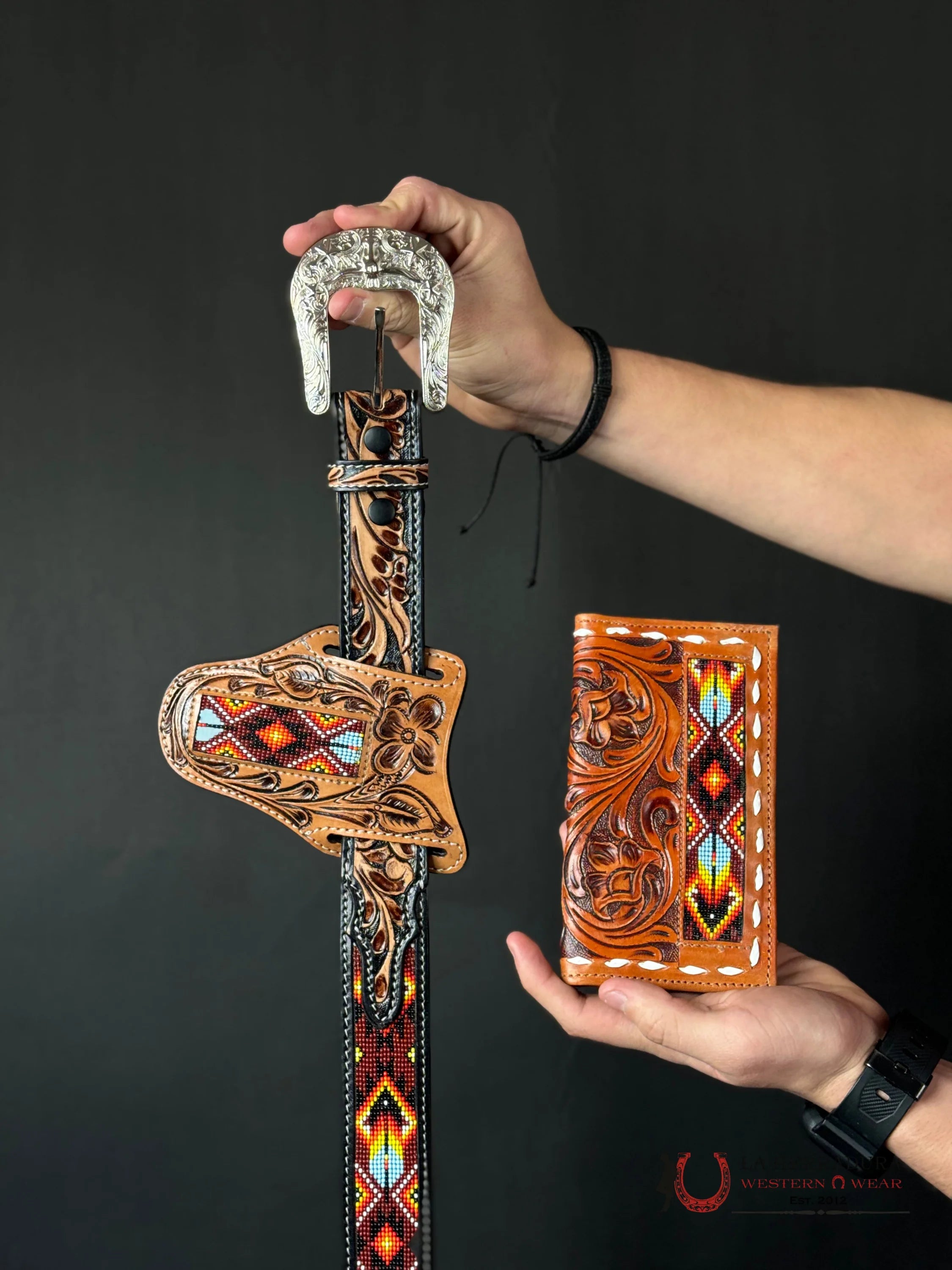 Cinto Azteca Cuero Cincelado Rojo / Amarillo Only Belt! Cinturones Hombres