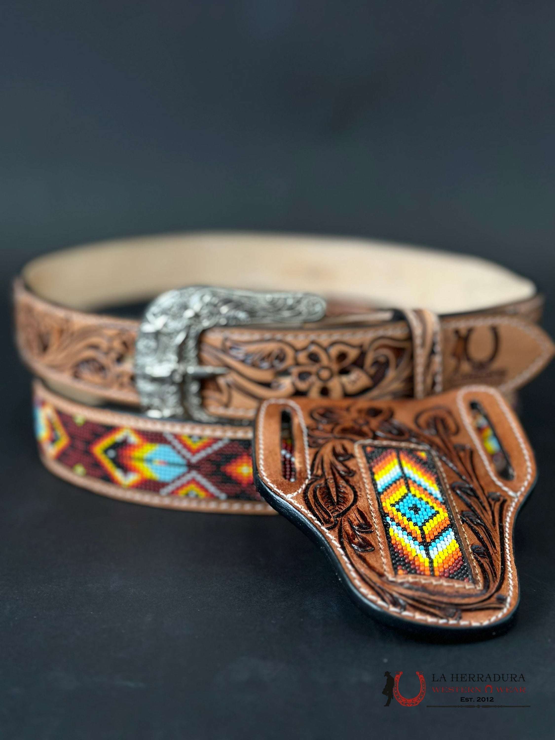Cinto Azteca Cuero Cincelado Rojo / Amarillo Only Belt! Cinturones Hombres