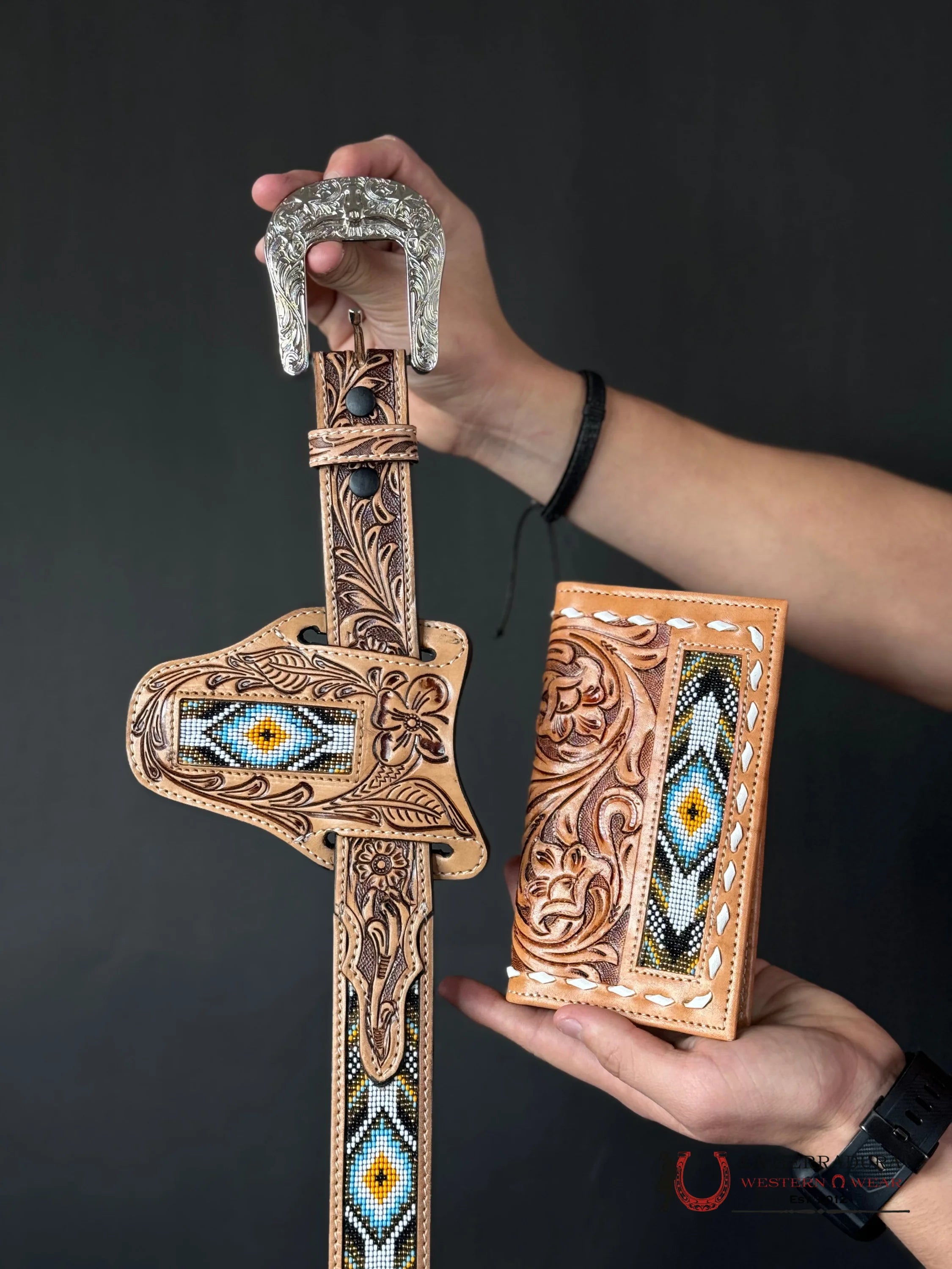 Cinto Azteca Cuero Cincelado White/Blue Teal Only Belt! Cinturones Hombres