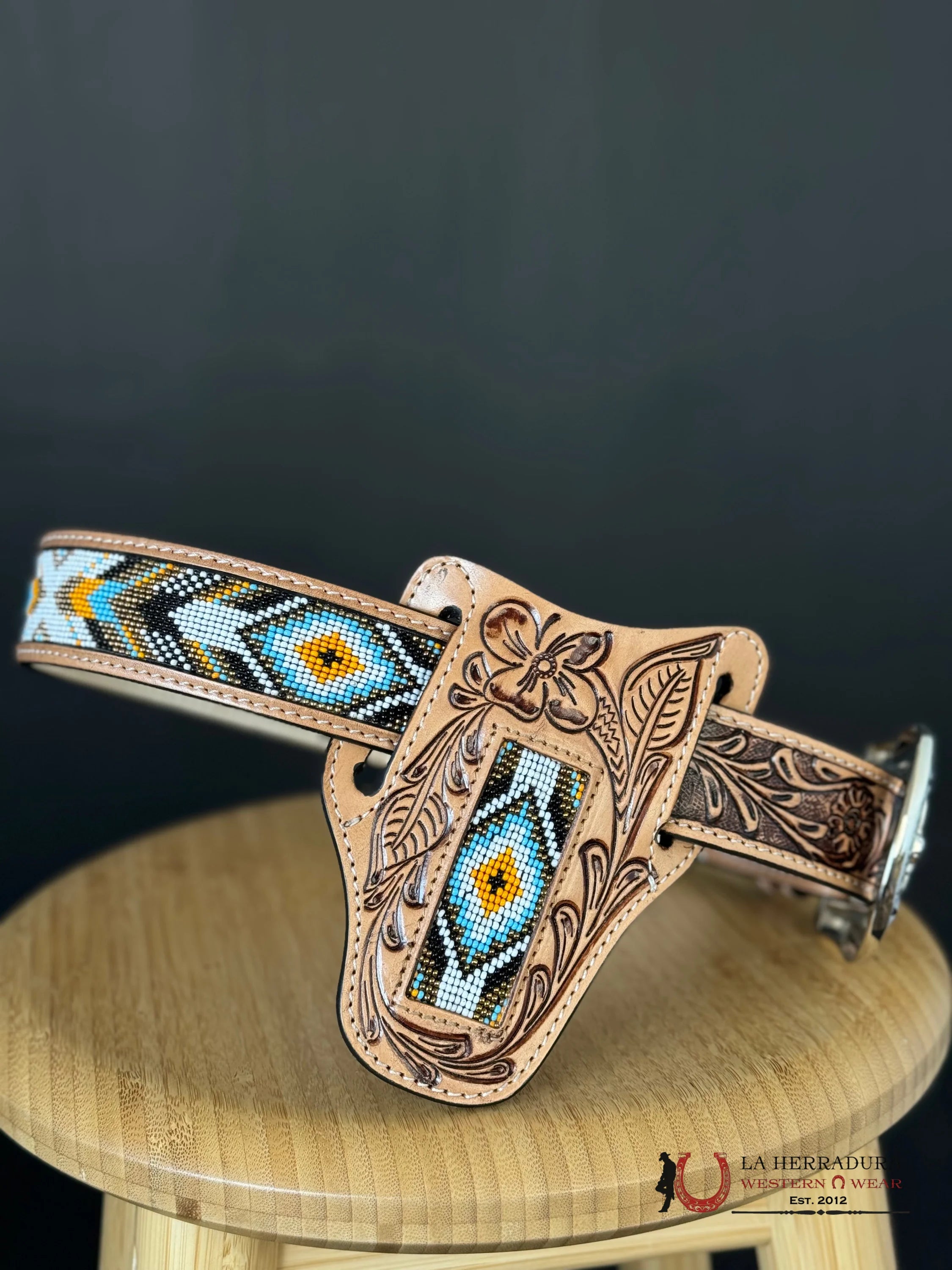 Cinto Azteca Cuero Cincelado White/Blue Teal Only Belt! Cinturones Hombres