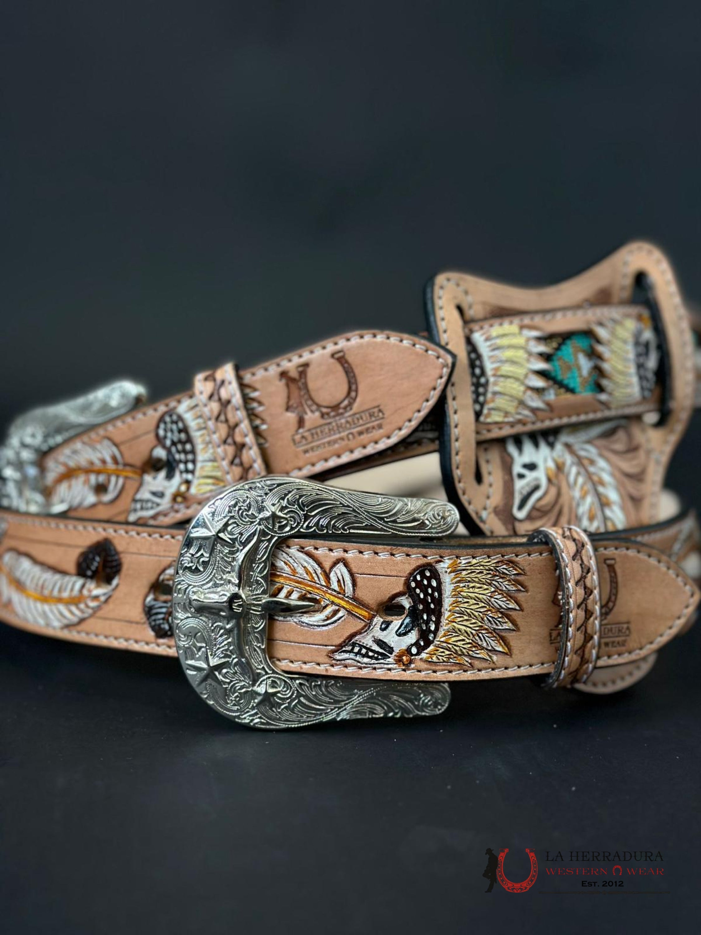 Cinto Cuero Cincelado Azteca Beige Only Belt! Cinturones Hombres