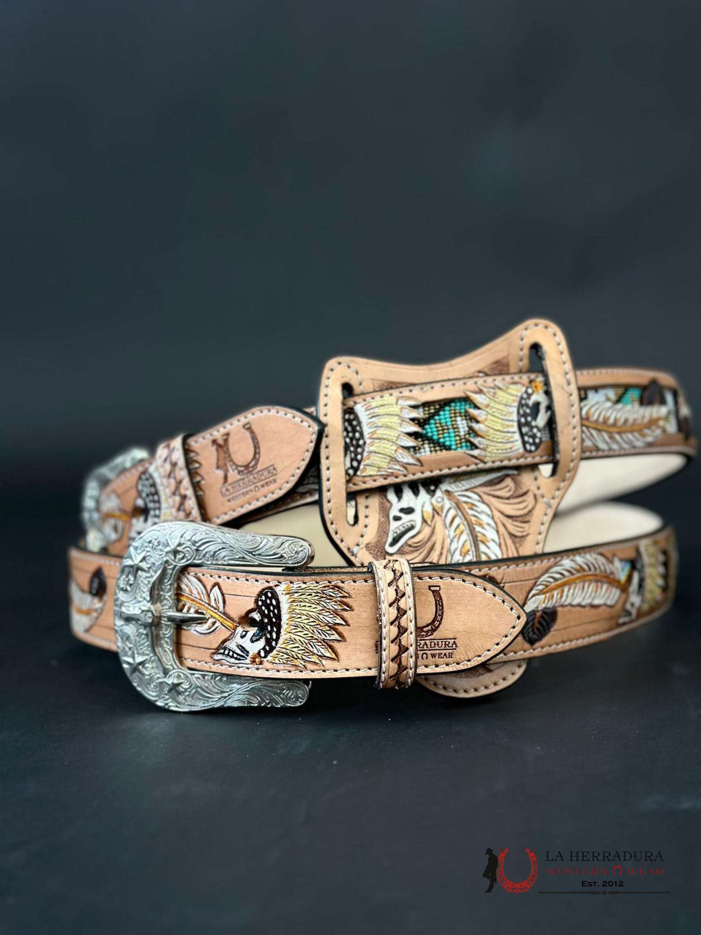 Cinto Cuero Cincelado Azteca Beige Only Belt! Cinturones Hombres