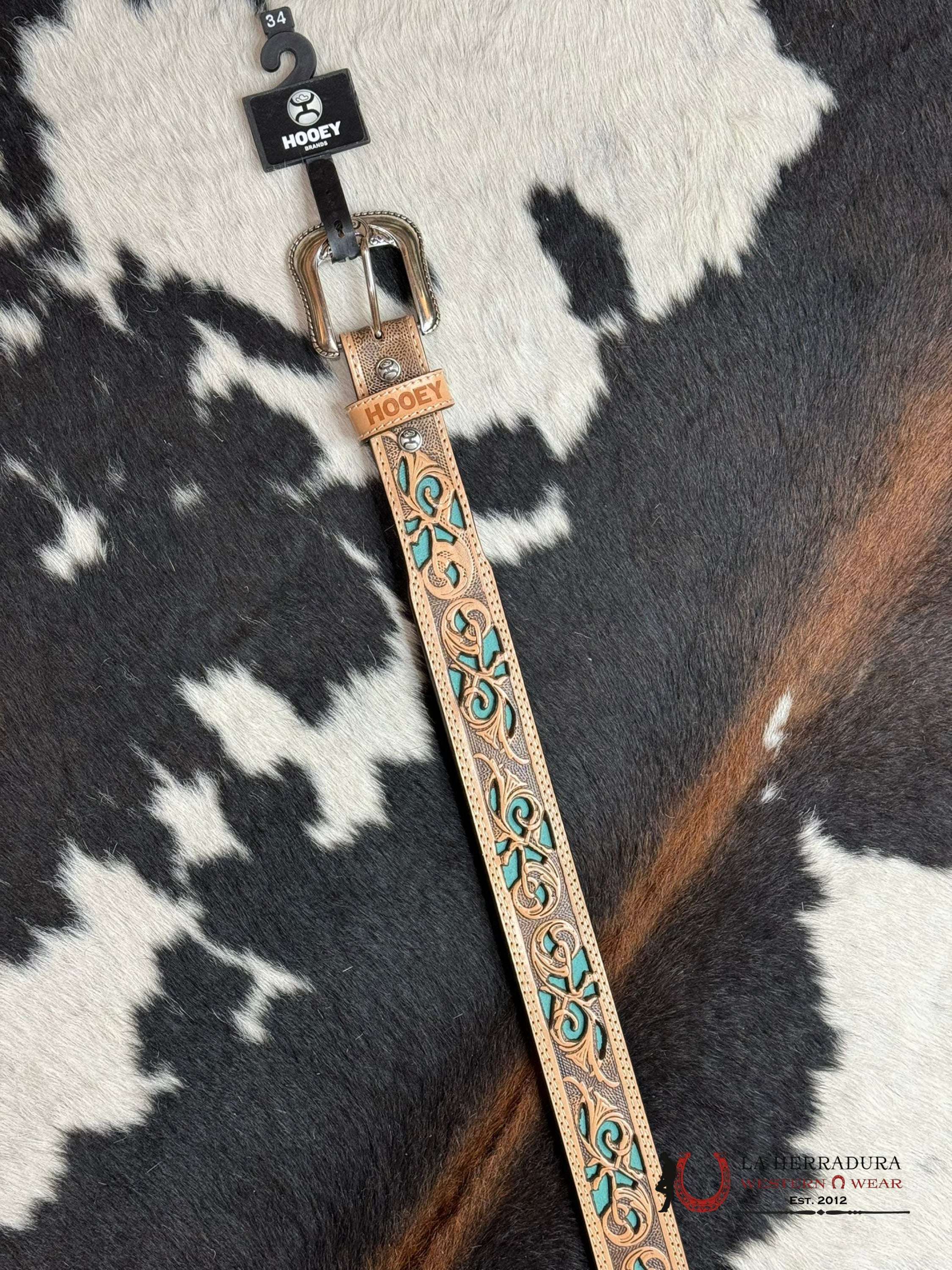 Cinturón Hooey Tooled Detailed Overlay Turquoise Western Style Cinturones Hombres