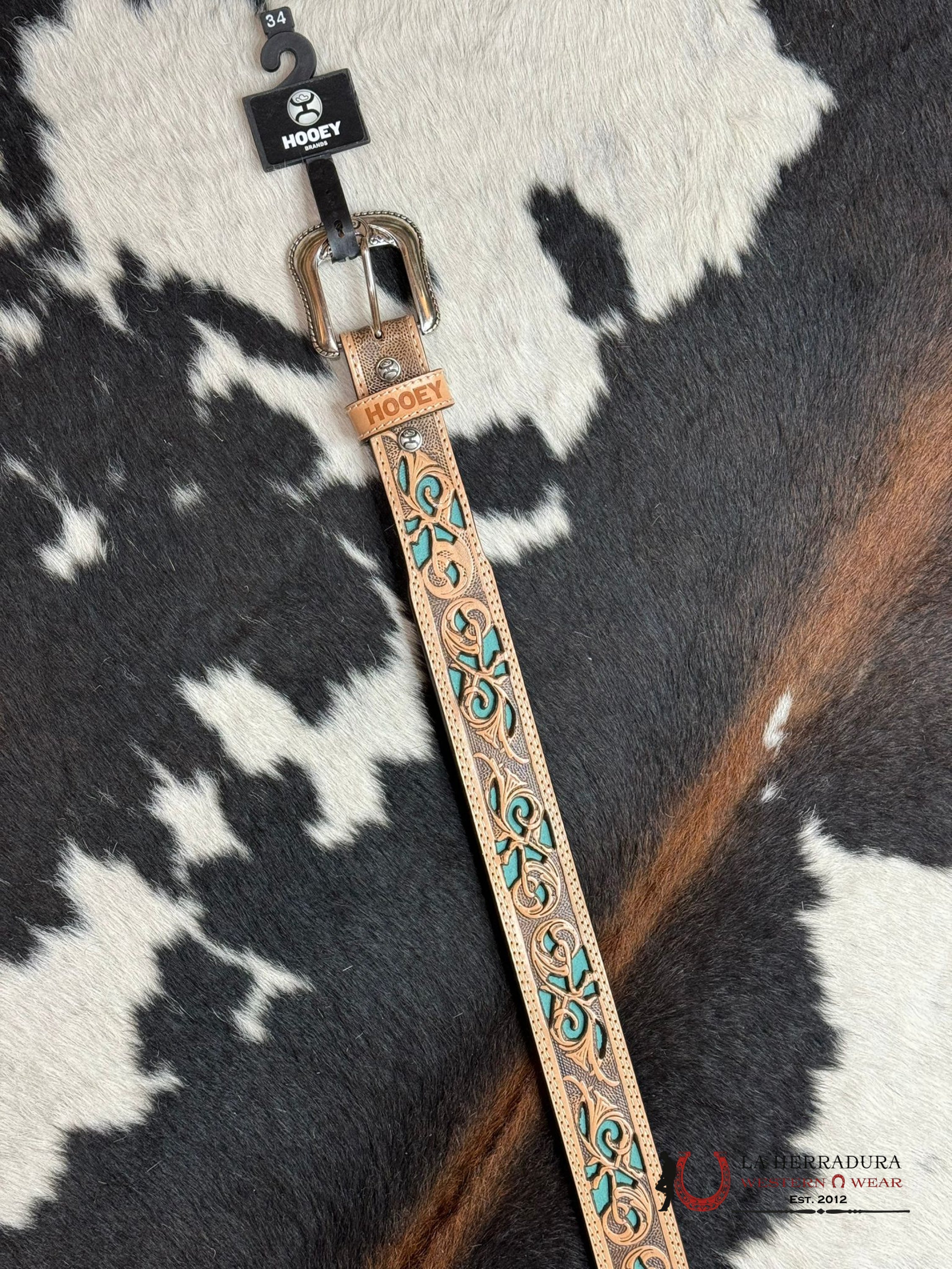 Cinturón Hooey Tooled Detailed Overlay Turquoise Western Style Cinturones Hombres