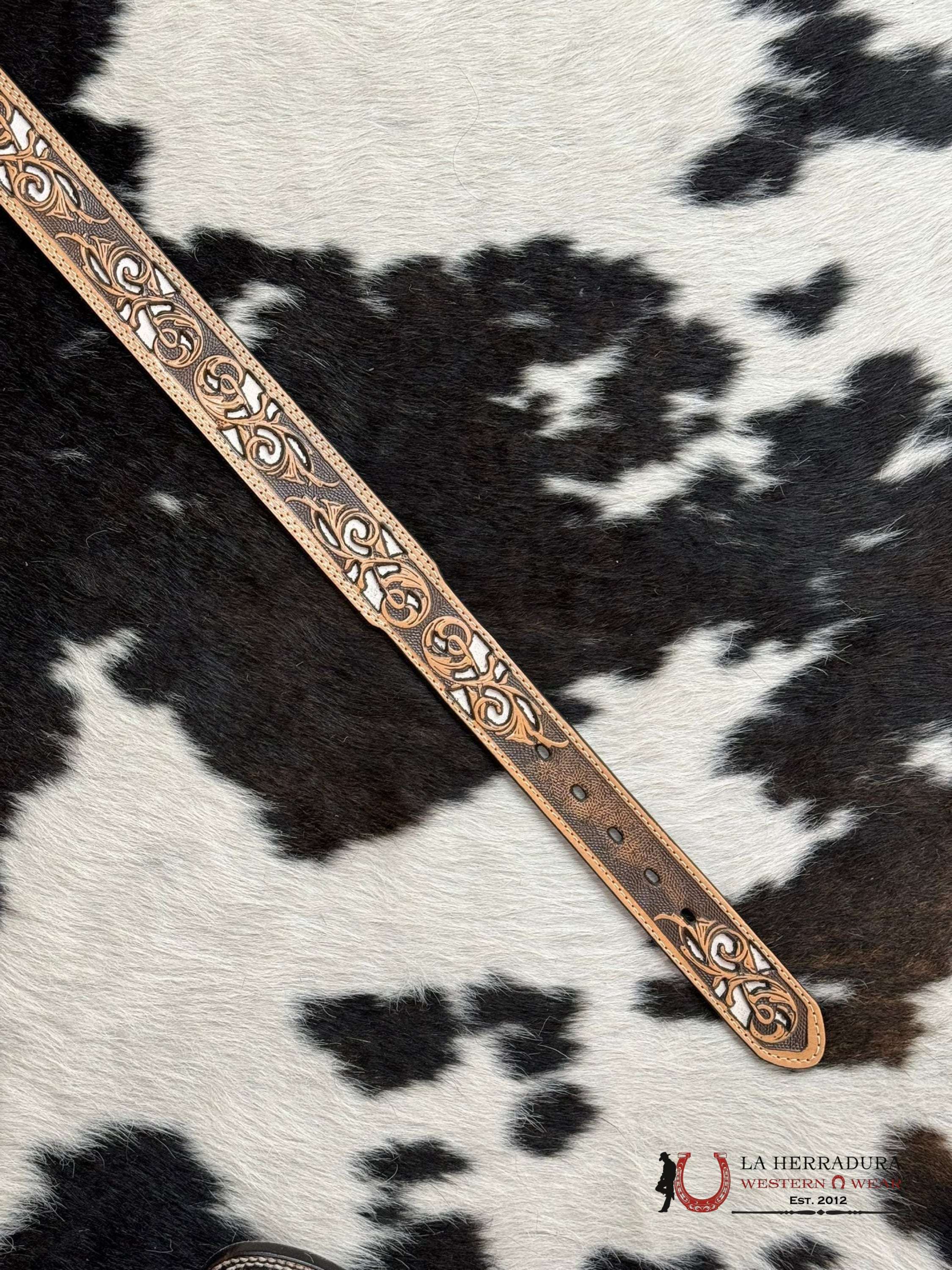 Cinturón Hooey Tooled Detailed Overlay White Western Style Cinturones Hombres
