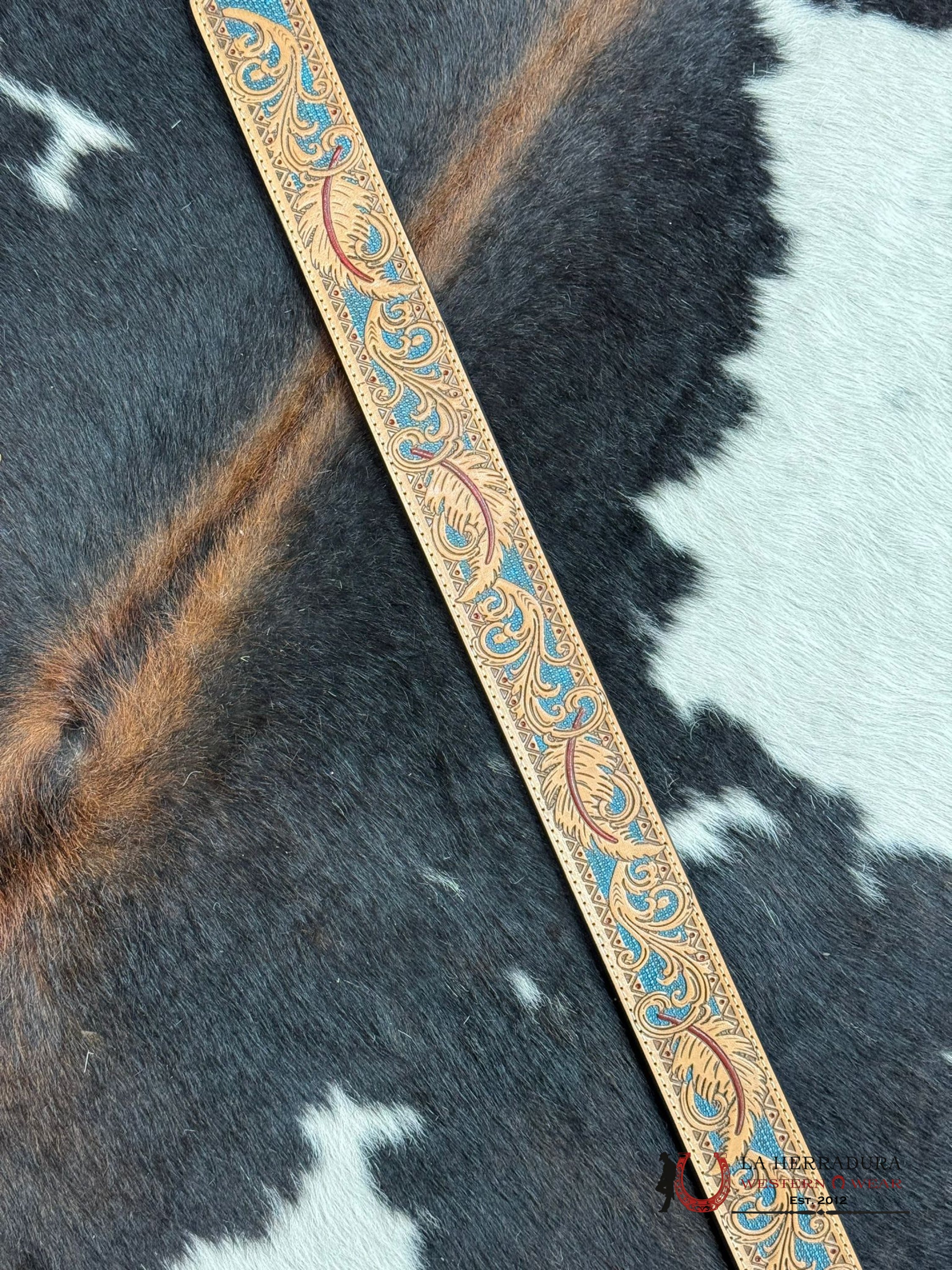 Cinturón Hooey Tooled Feather Overlay Turquoise Detail Western Style Cinturones Hombres