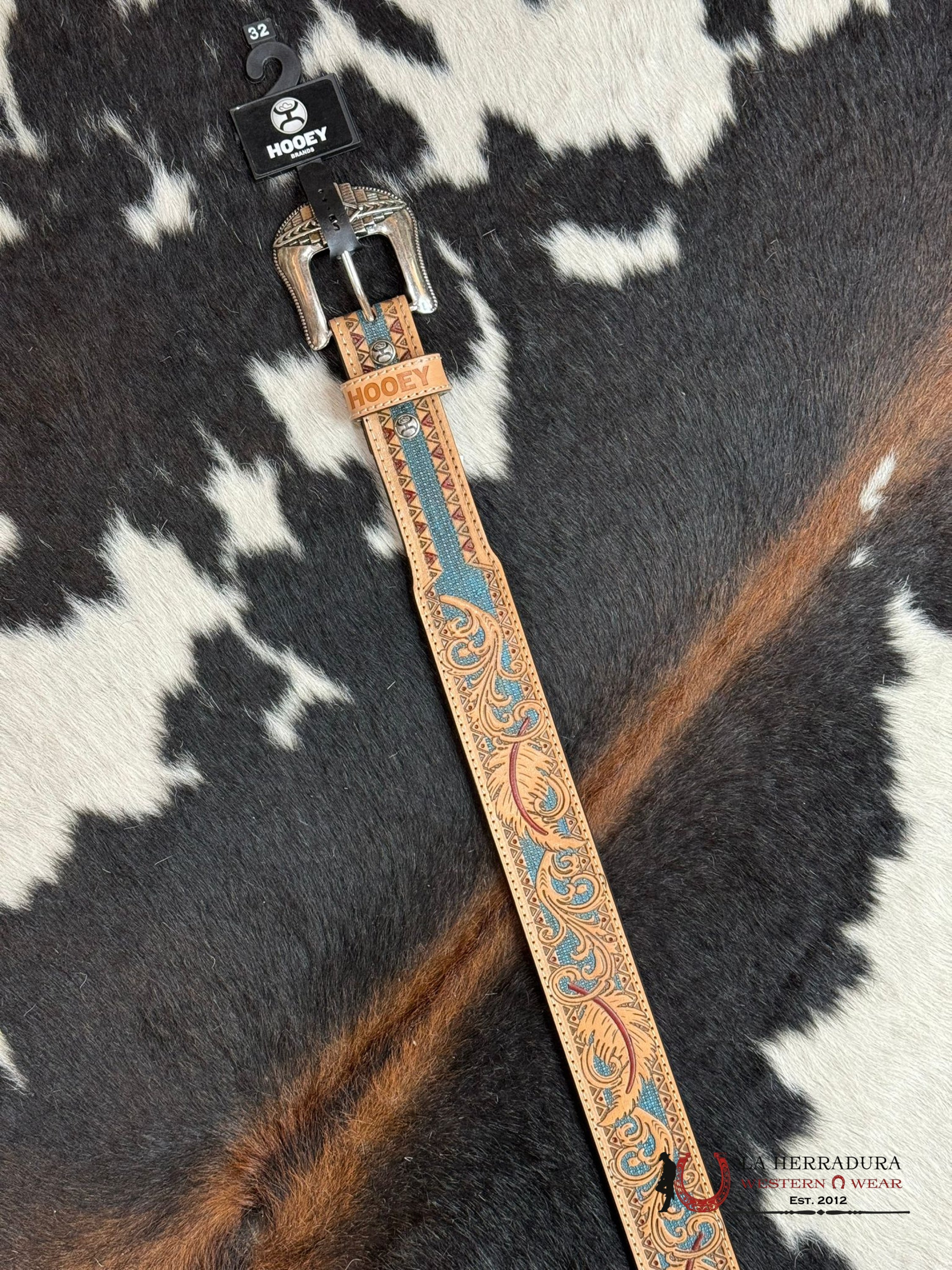 Cinturón Hooey Tooled Feather Overlay Turquoise Detail Western Style Cinturones Hombres