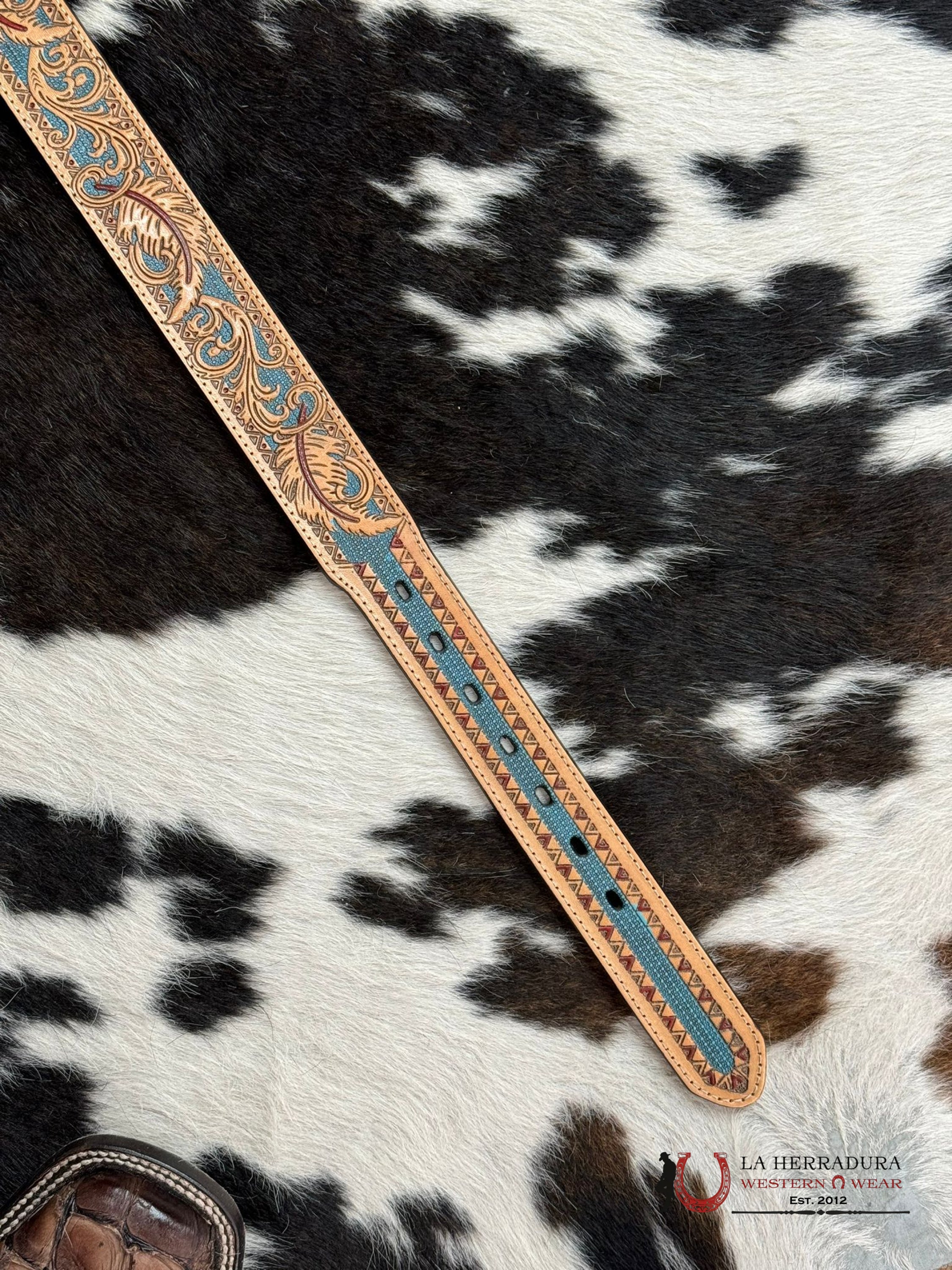 Cinturón Hooey Tooled Feather Overlay Turquoise Detail Western Style Cinturones Hombres