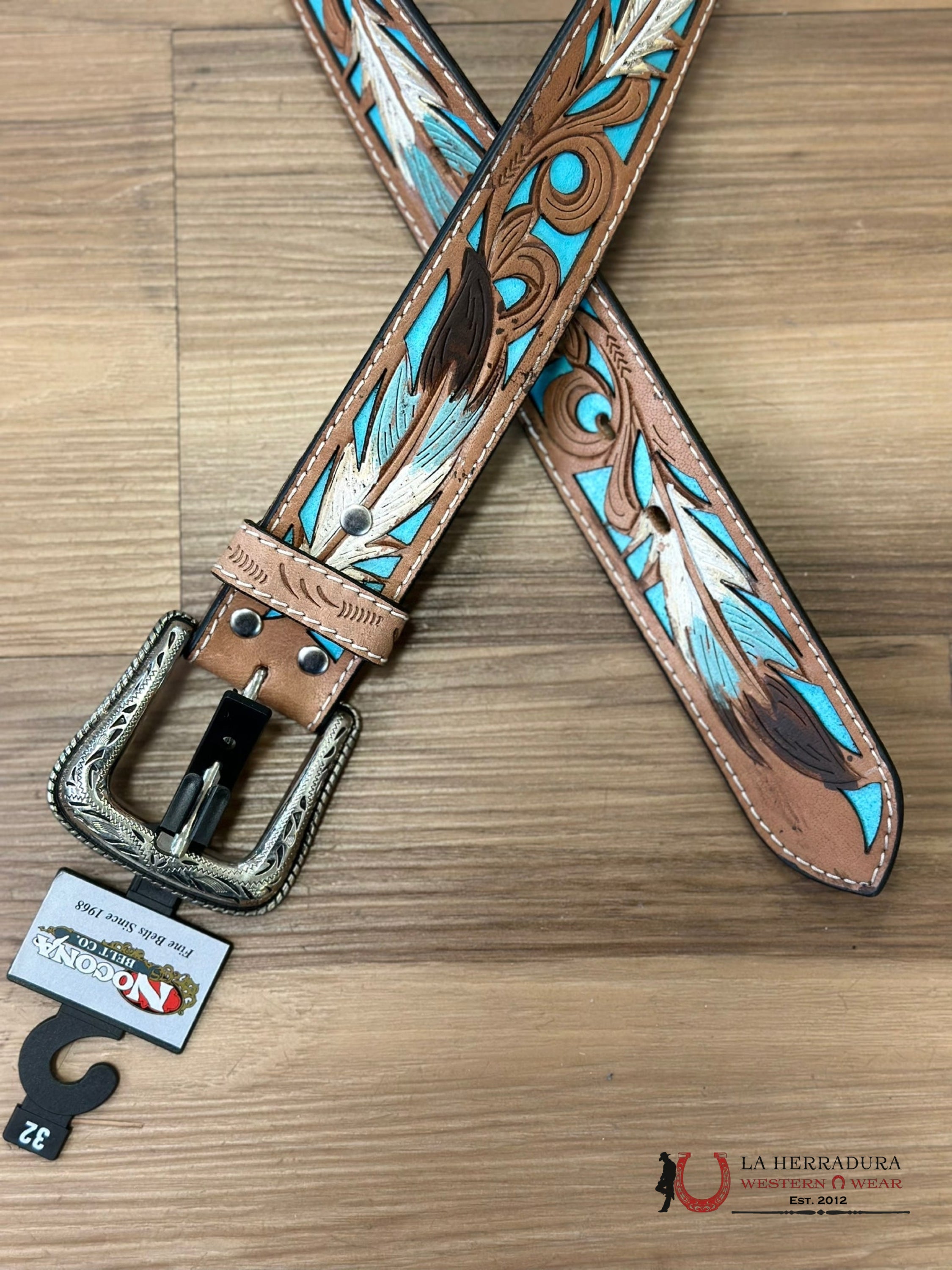 Cinturon Nocona Belt Co. Para Hombre Pluma Cincelada Café Claro/Azul Cinturones Hombres