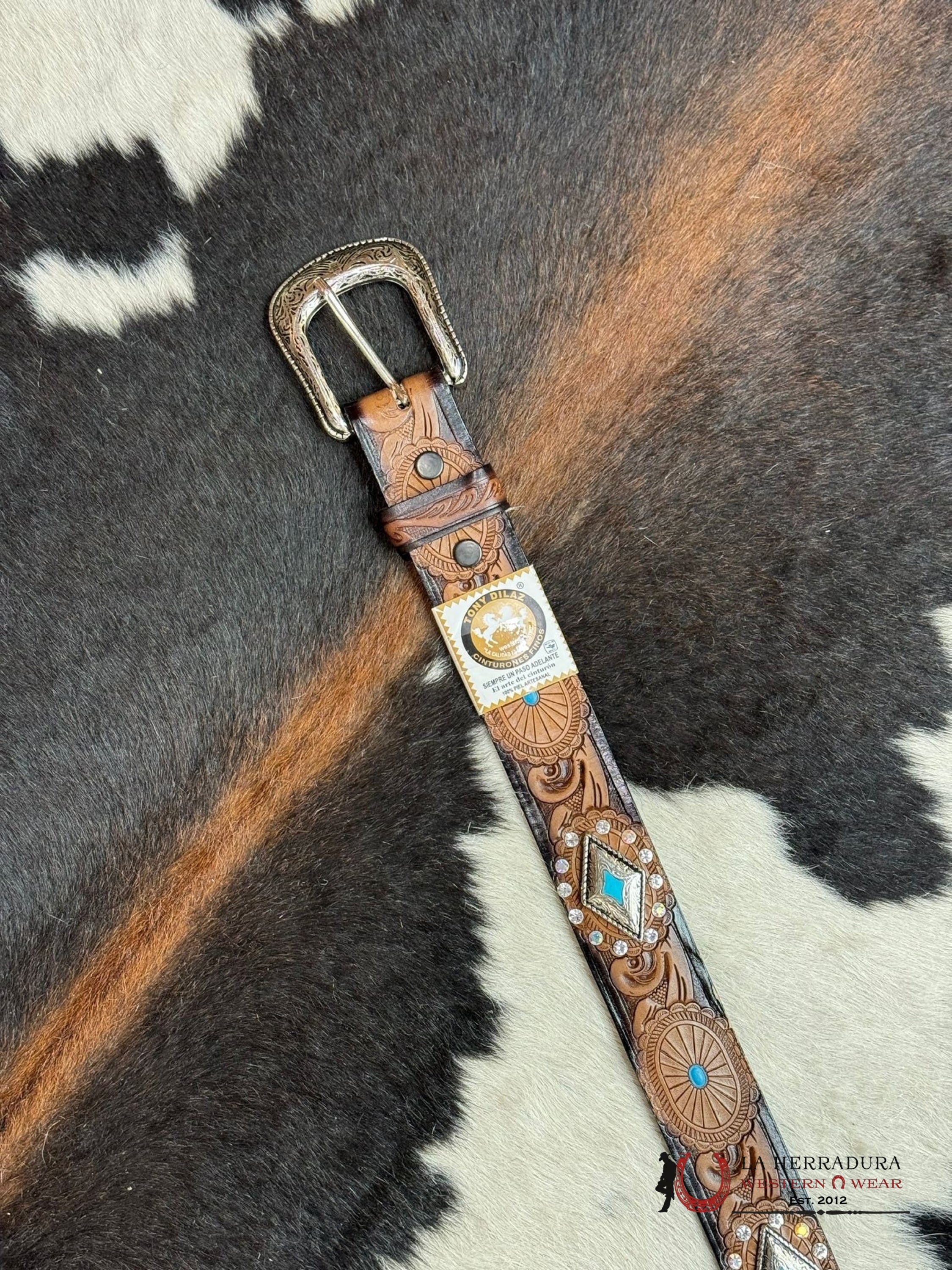 Cinturon Para Dama Tony Dilaz Turquoise Diamond Detail Tooled Overlay Cinturones Mujeres