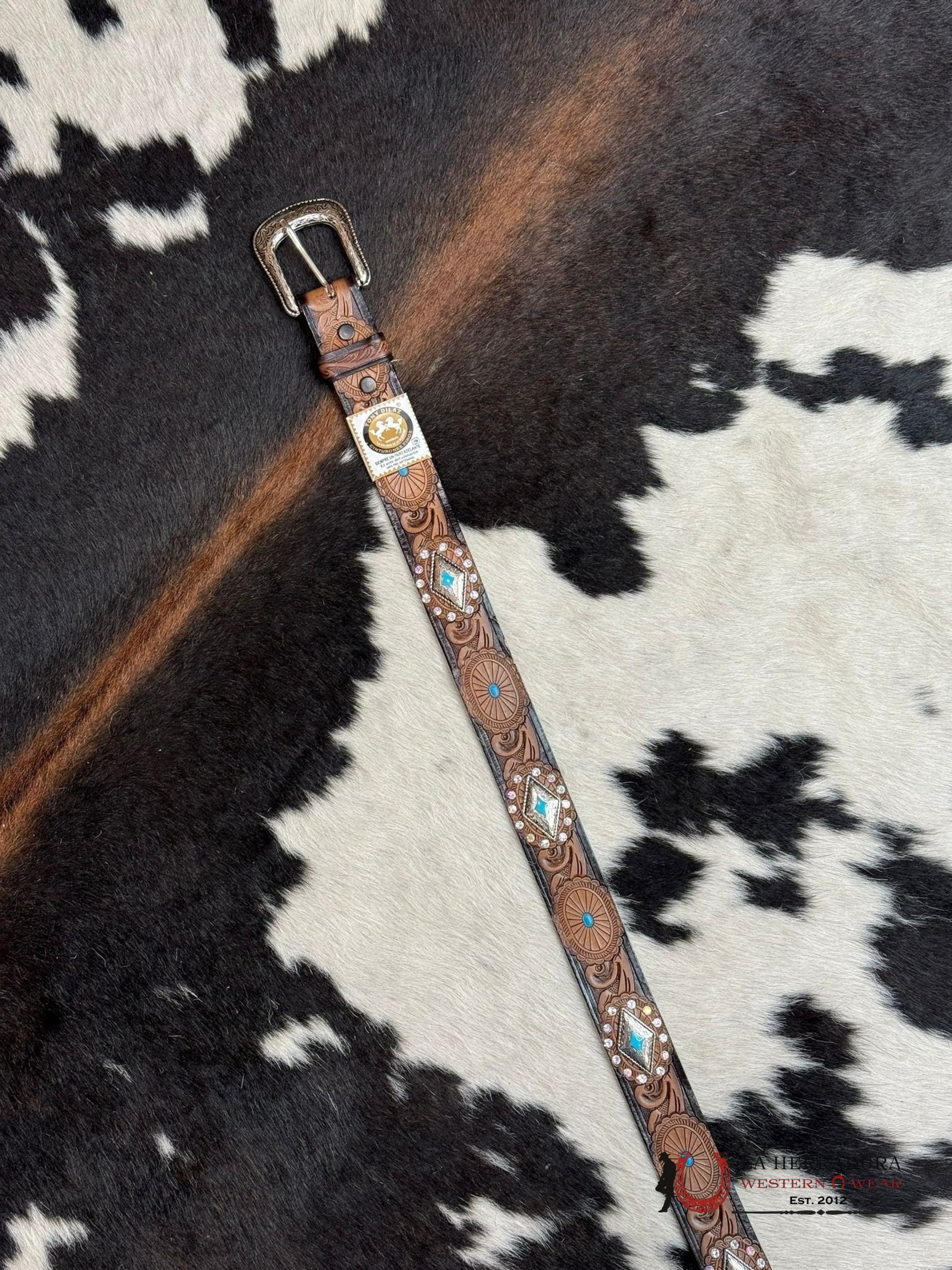 Cinturon Para Dama Tony Dilaz Turquoise Diamond Detail Tooled Overlay Cinturones Mujeres