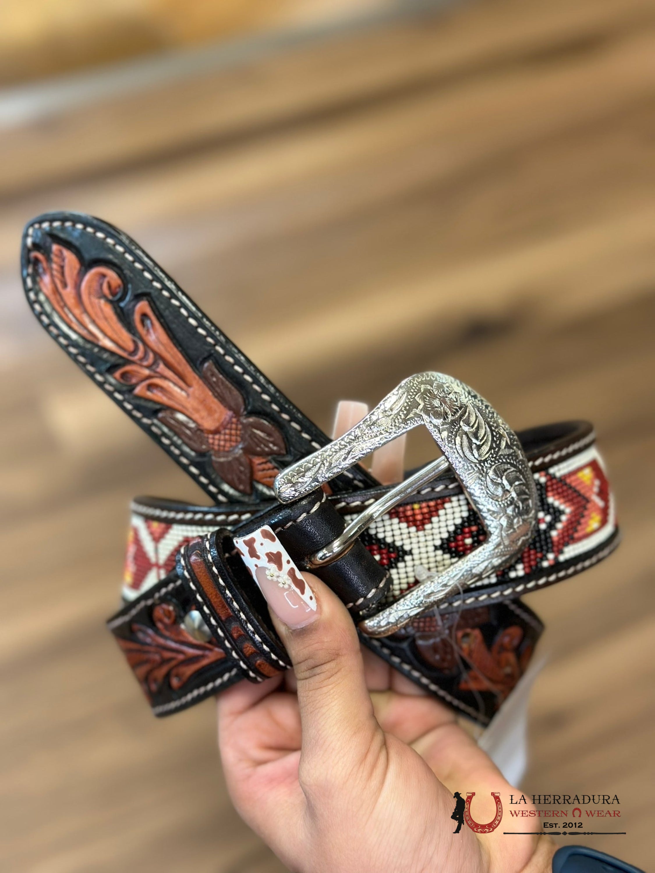 Cinturon Ranger Belt Co. Para Hombre Cafe Cincelado/Azteca Rojo Blanco Cinturones Hombres