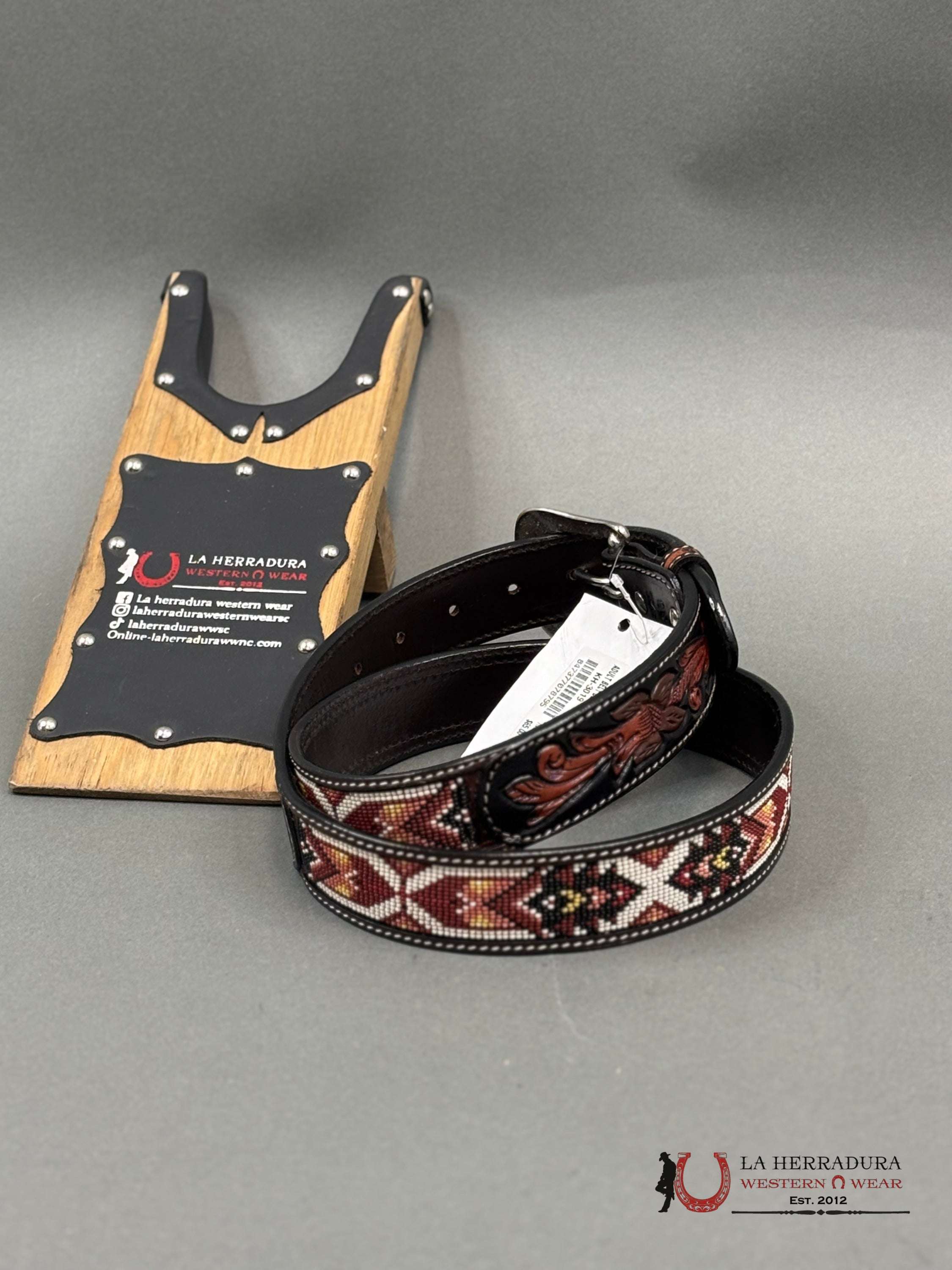 Cinturon Ranger Belt Co. Para Hombre Cafe Cincelado/Azteca Rojo Blanco Cinturones Hombres