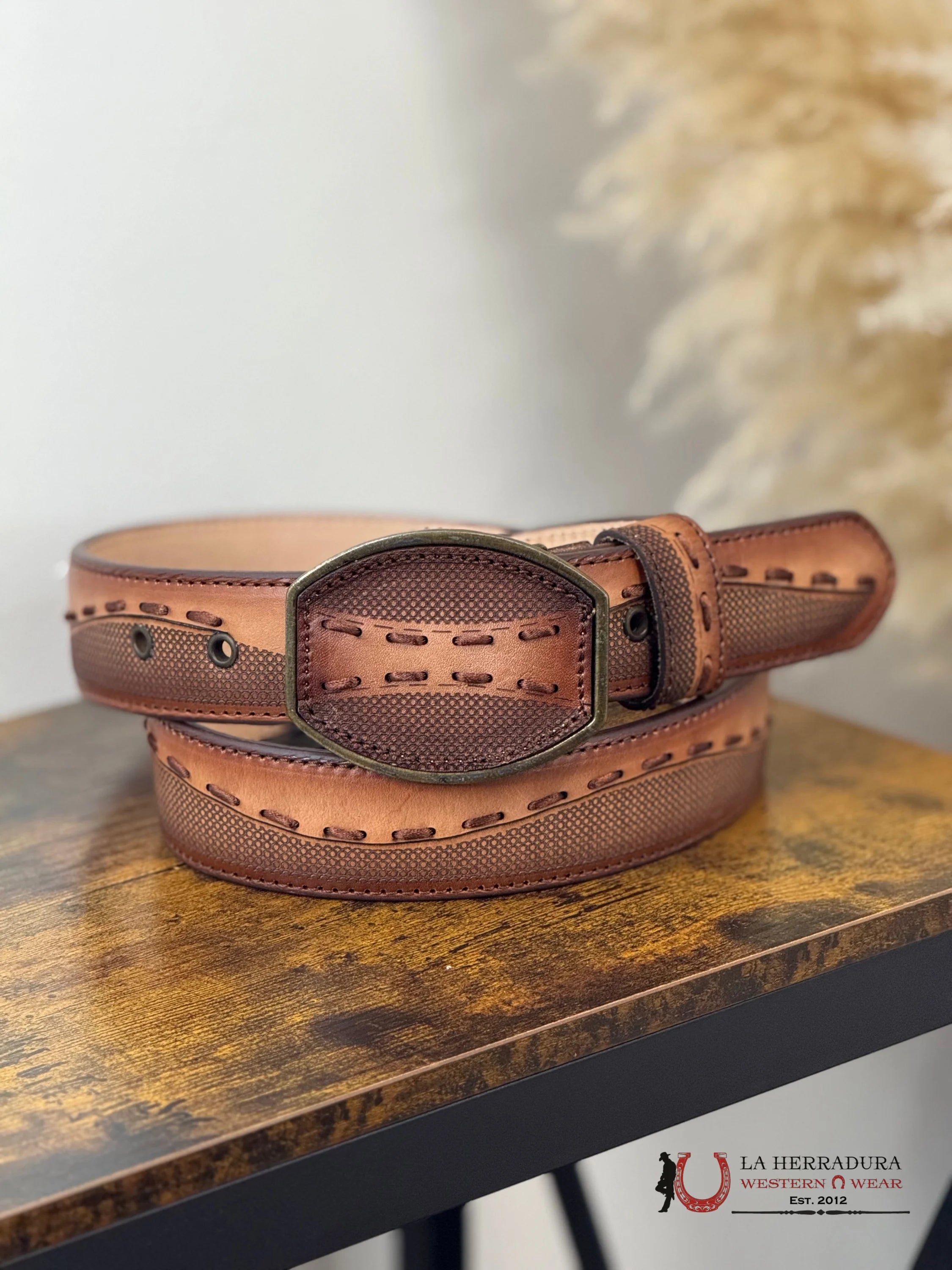 COGÑAC EMBROIDERY MEN LEATHER BELT CINTURONES HOMBRES