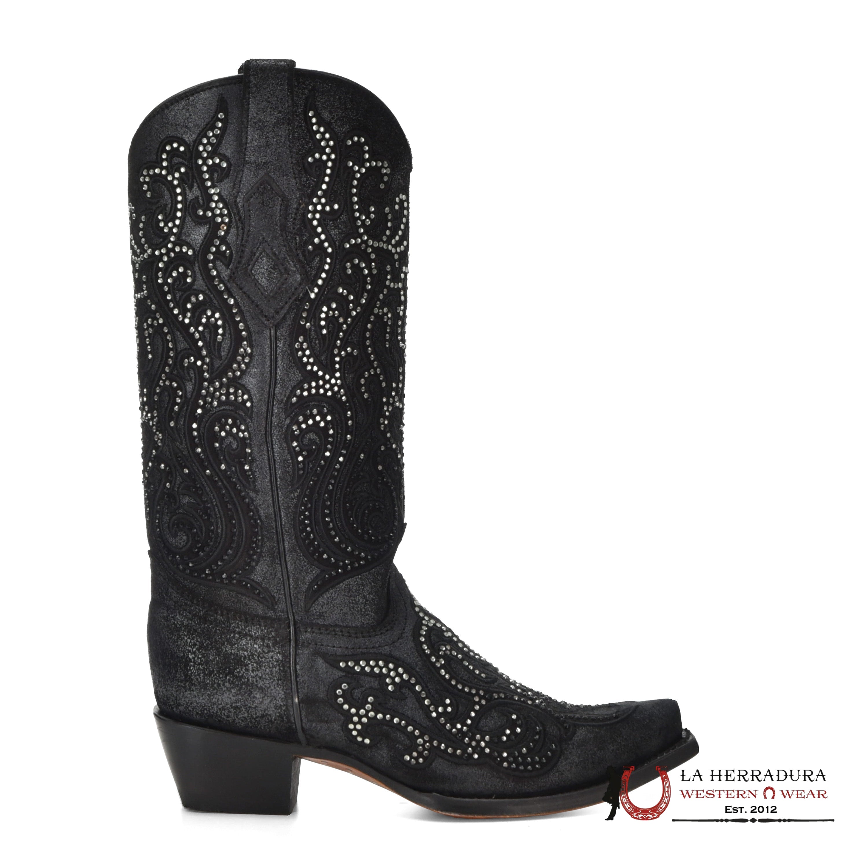 CORRAL BLACK EMBROIDERY & CRYSTALS POINT TOE C4100 BOTAS MUJERES
