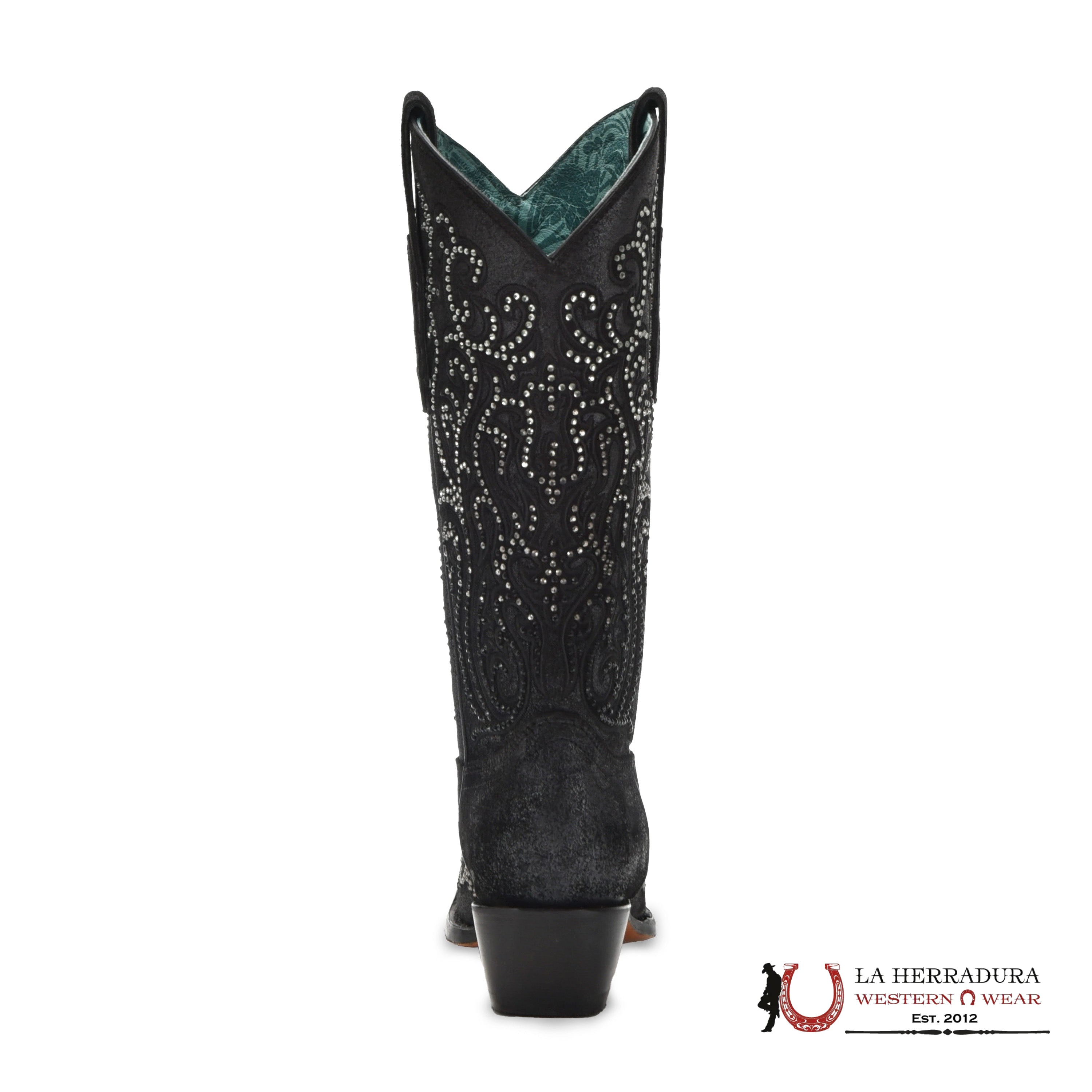 CORRAL BLACK EMBROIDERY & CRYSTALS POINT TOE C4100 BOTAS MUJERES