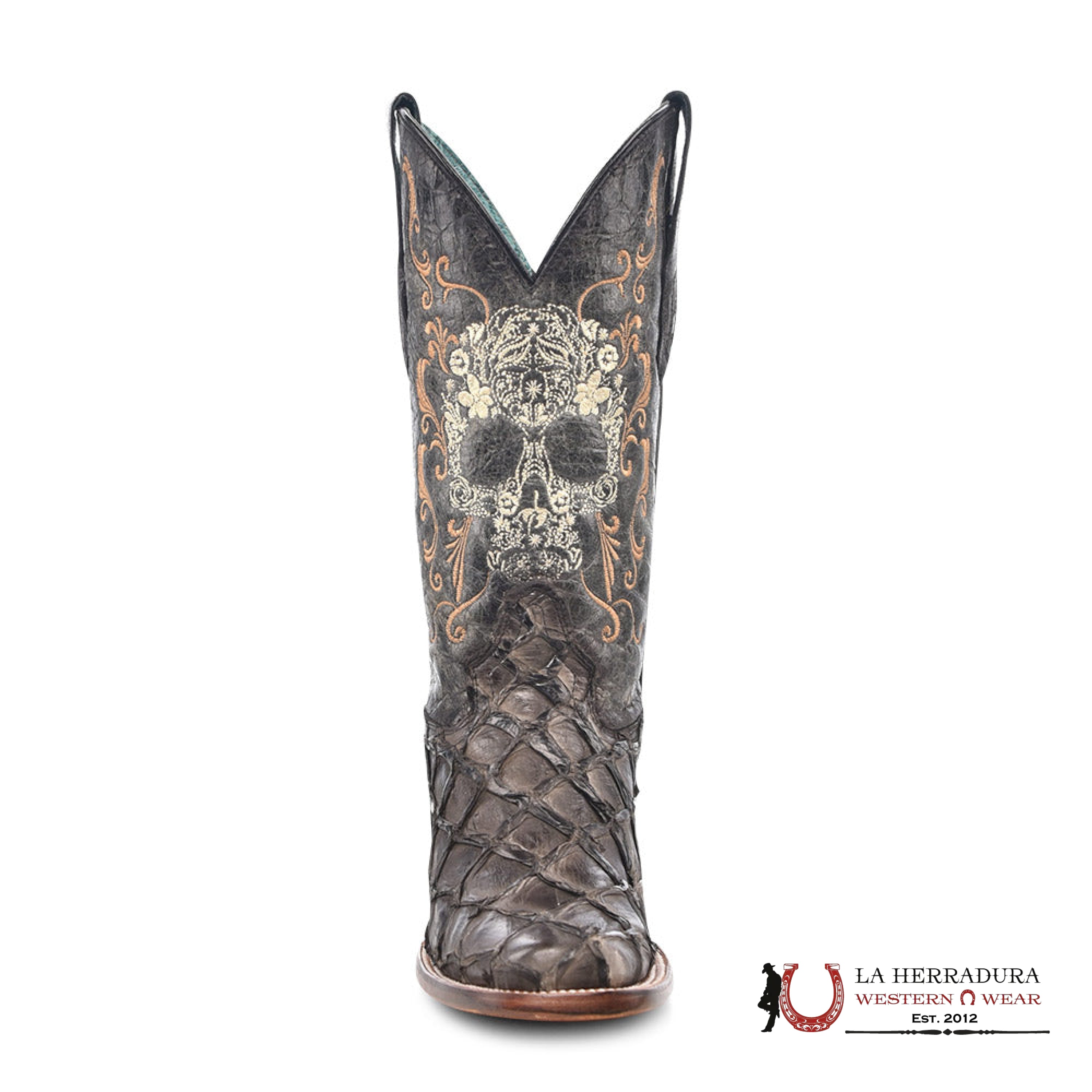 CORRAL BLACK FISH PIRARUCU EMBROIDERY SKULL NARROW SQ. TOE A4576 BOTAS MUJERES