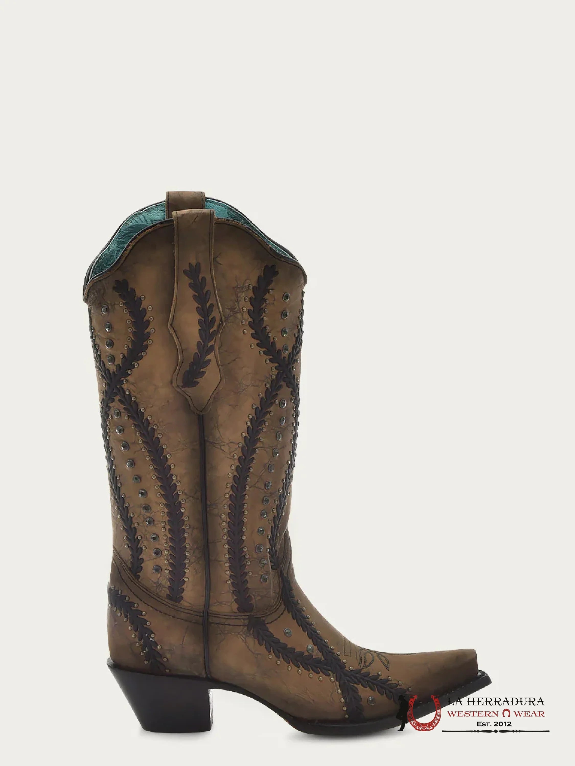 CORRAL BROWN-BLACK EMBROIDERY CRYSTALS & STUDS POINT TOE -Z5247 BOTAS MUJERES