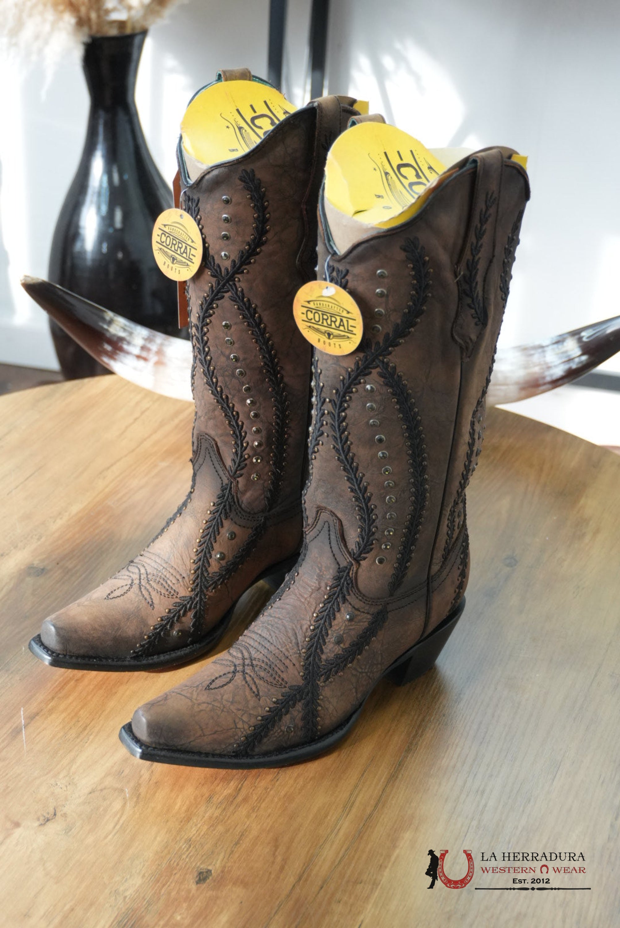 WOMENS CORRAL BROWN/BLACK EMB. CRYSTALS BOTAS MUJERES