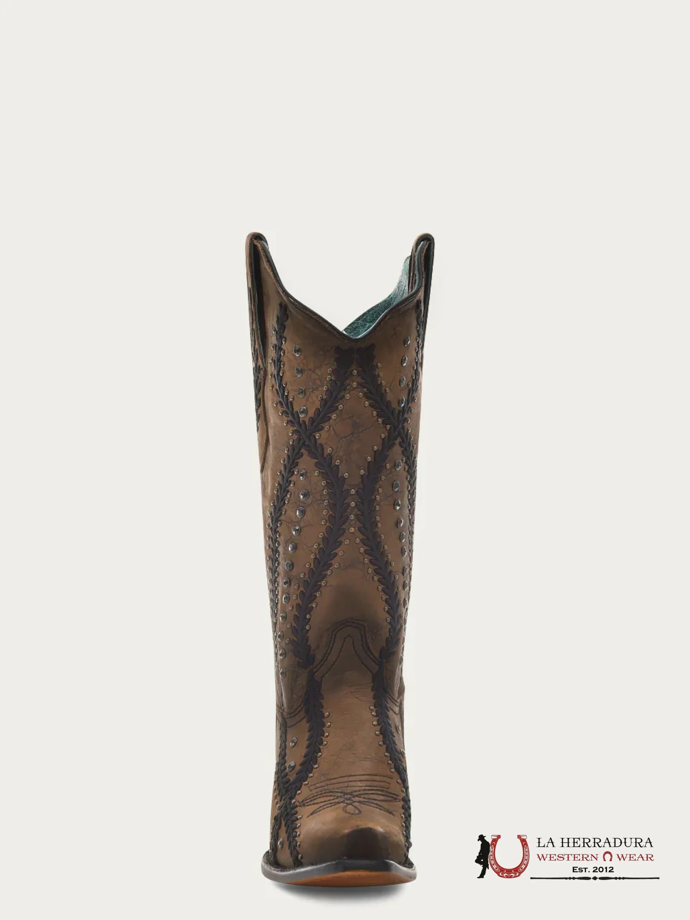 CORRAL BROWN-BLACK EMBROIDERY CRYSTALS & STUDS POINT TOE -Z5247 BOTAS MUJERES