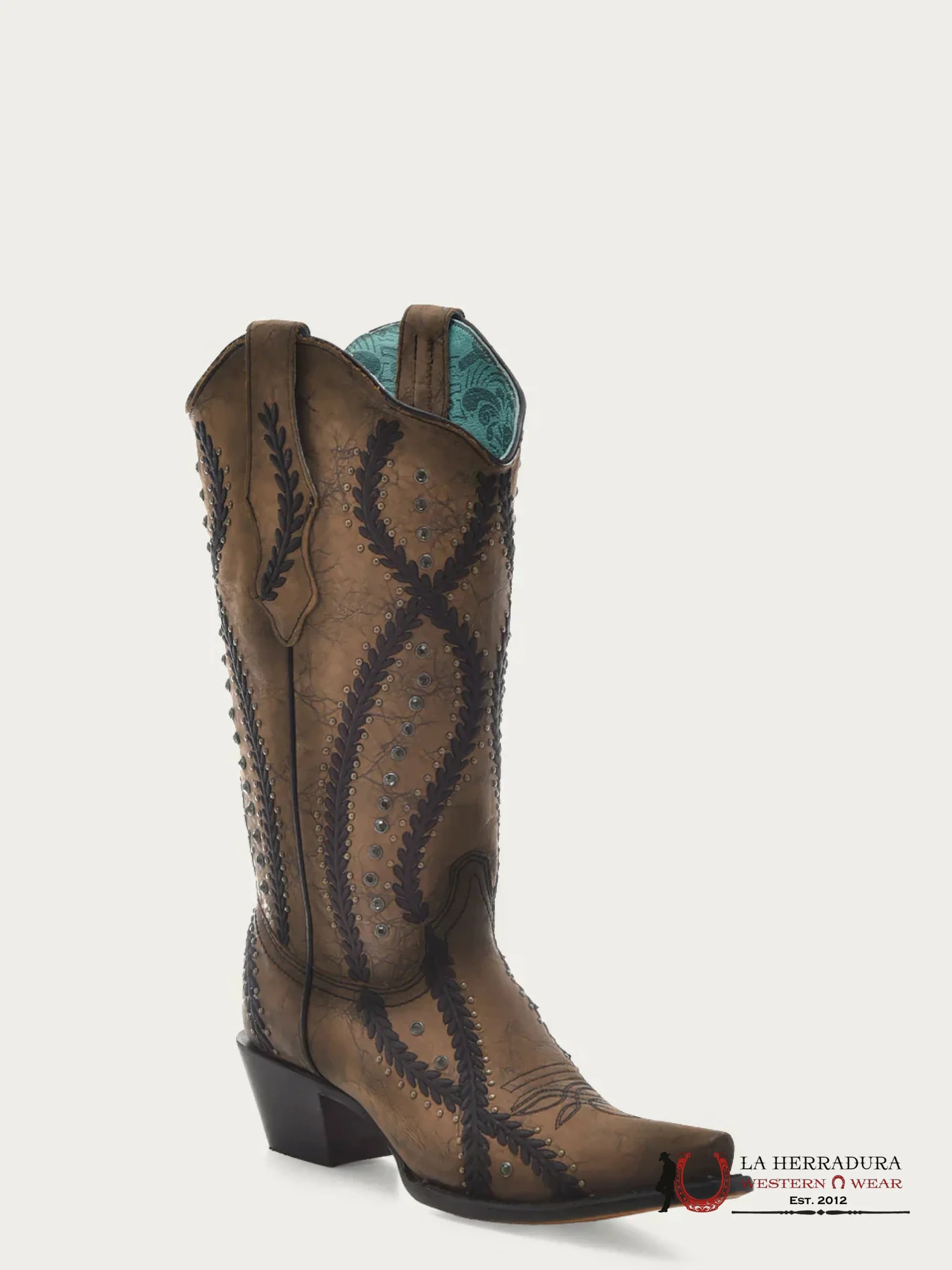 CORRAL BROWN-BLACK EMBROIDERY CRYSTALS & STUDS POINT TOE -Z5247 BOTAS MUJERES