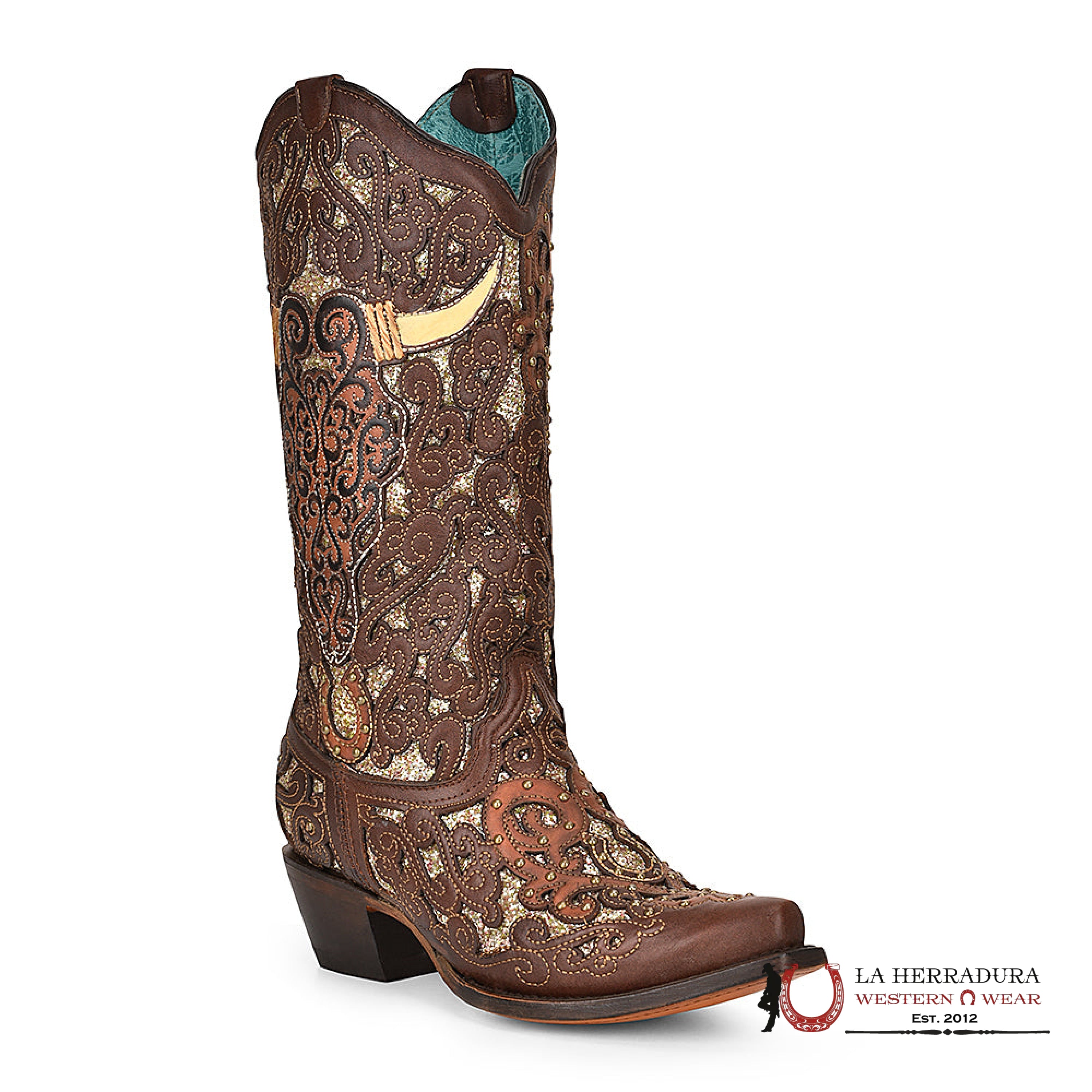 CORRAL BROWN GLITTER INLAY & BULL SKULL EMBROIDERED POINT TOE A4407 BOTAS MUJERES
