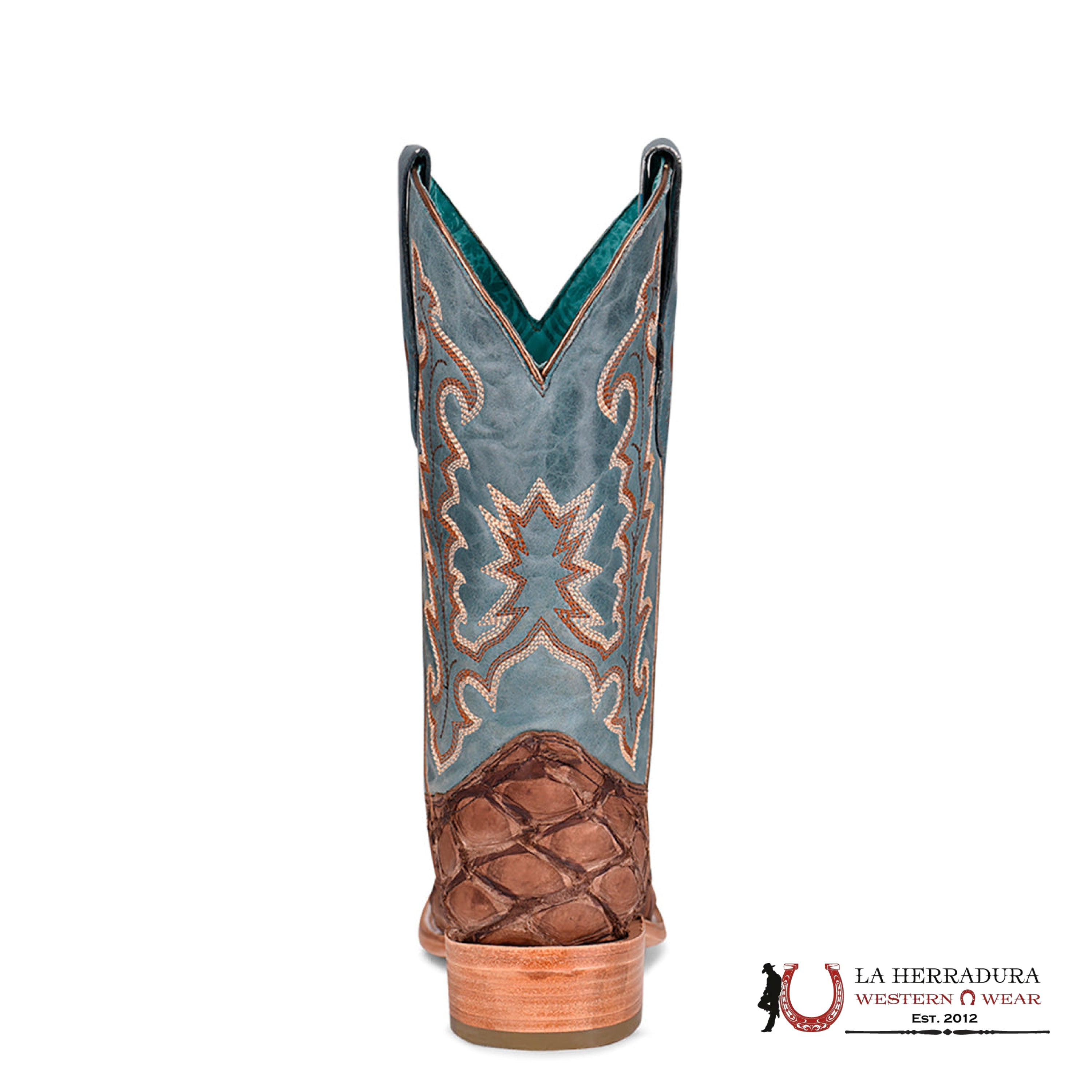 CORRAL D. BROWN/BLUE FISH PIRARUCU EMBROIDERY WIDE SQ. TOE A4205 BOTAS MUJERES