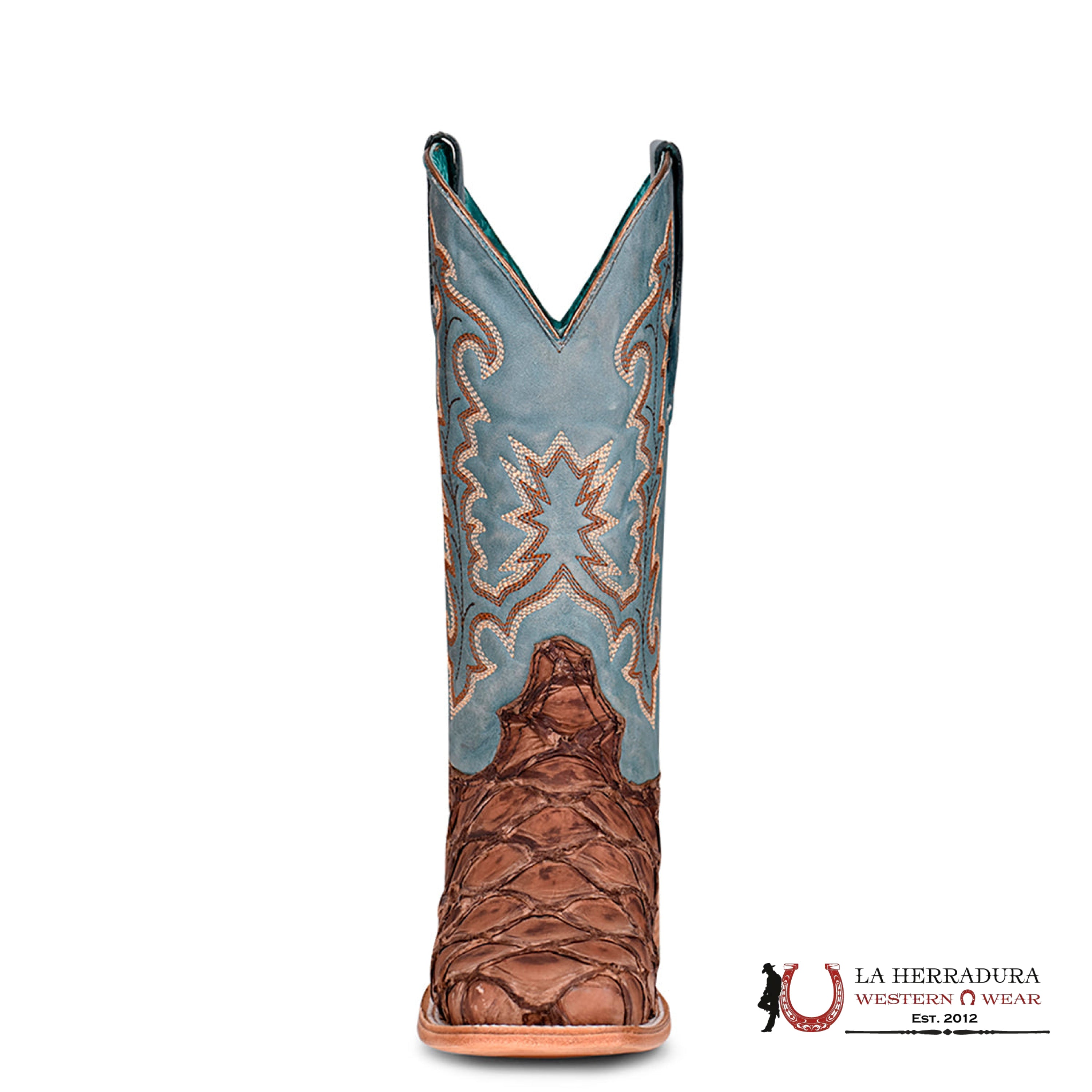 CORRAL D. BROWN/BLUE FISH PIRARUCU EMBROIDERY WIDE SQ. TOE A4205 BOTAS MUJERES