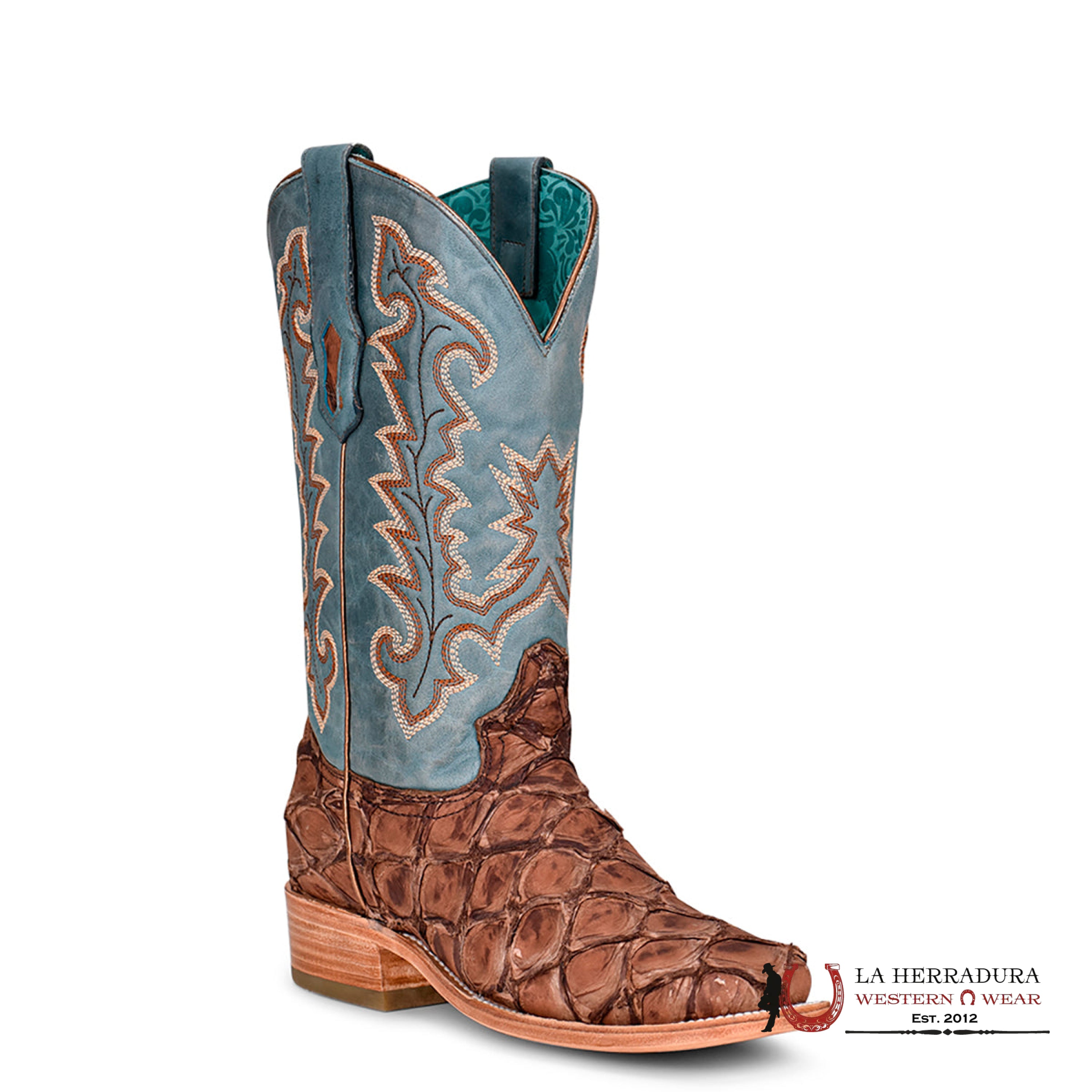 CORRAL D. BROWN/BLUE FISH PIRARUCU EMBROIDERY WIDE SQ. TOE A4205 BOTAS MUJERES