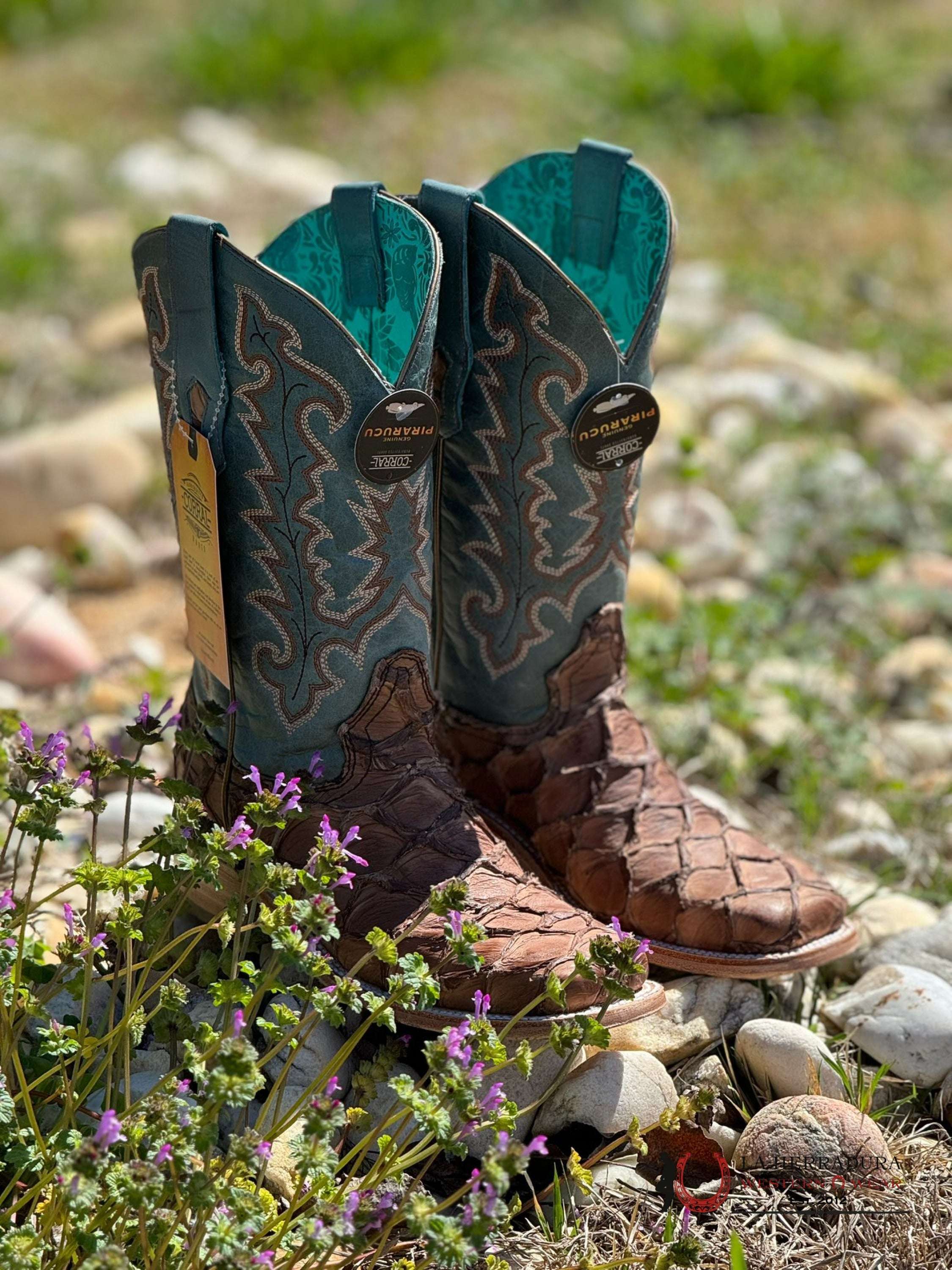 Womens Corral Light Brown Blue Top Fish Pirarucu Embroidery Botas Mujeres
