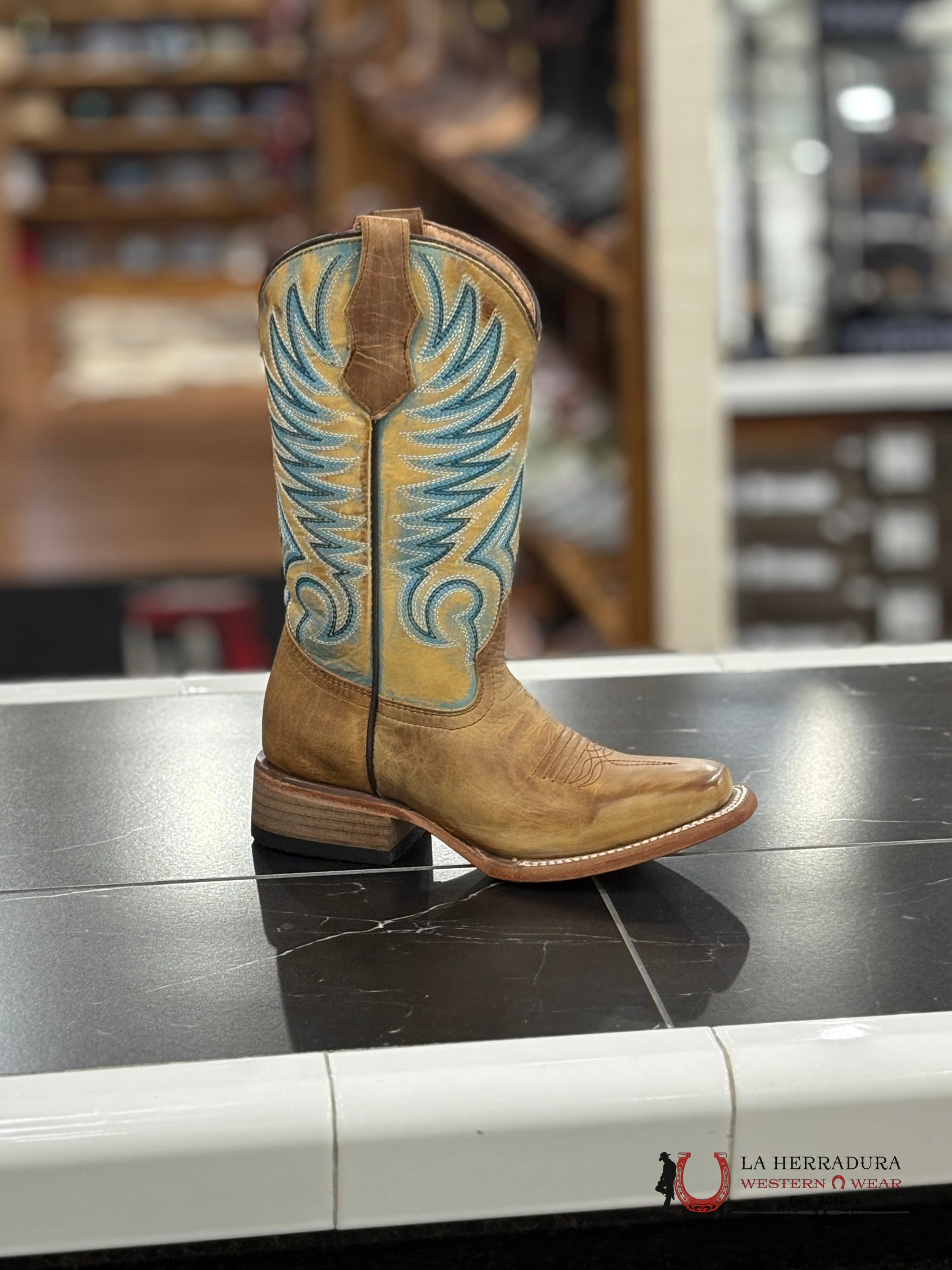 CORRAL KIDS TN HONEY/BLUE EMBROIDERY SQ. TOE -J7126 NIÑOS