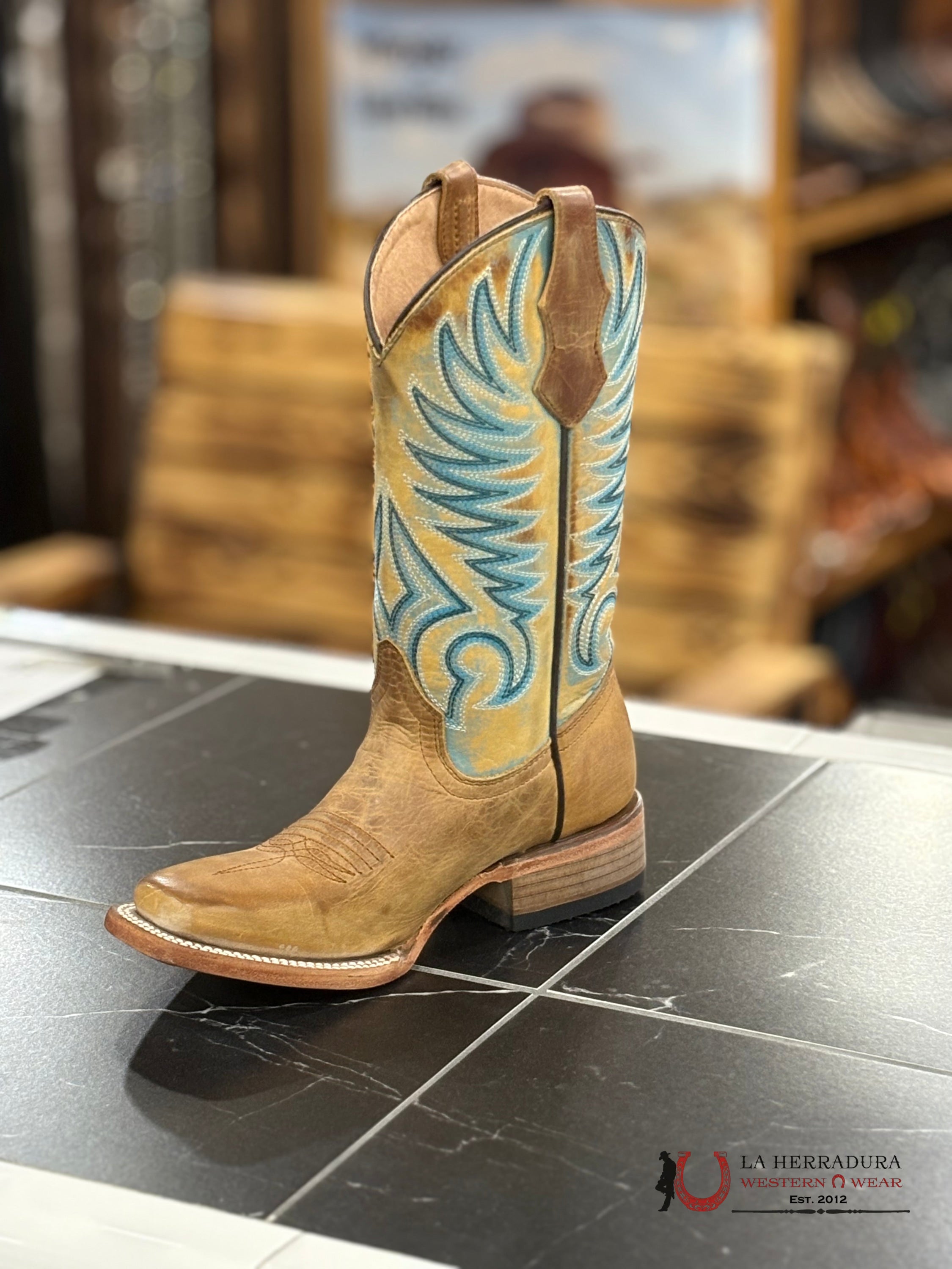 CORRAL KIDS TN HONEY/BLUE EMBROIDERY SQ. TOE -J7126 NIÑOS