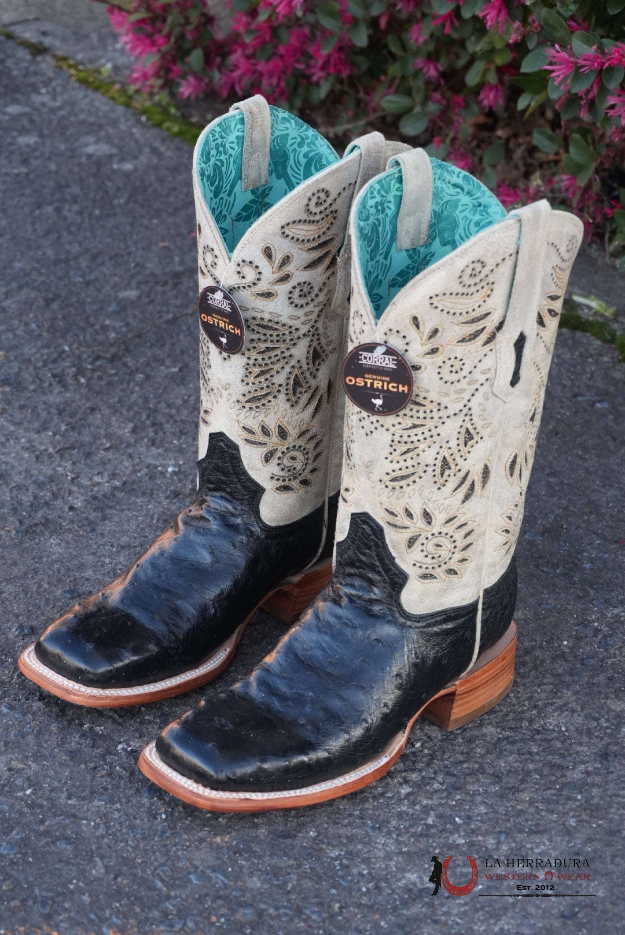 CORRAL WOMEN BLACK BONE OSTRICH EMBROIDERY & GLITTER BOOT BOTAS MUJERES