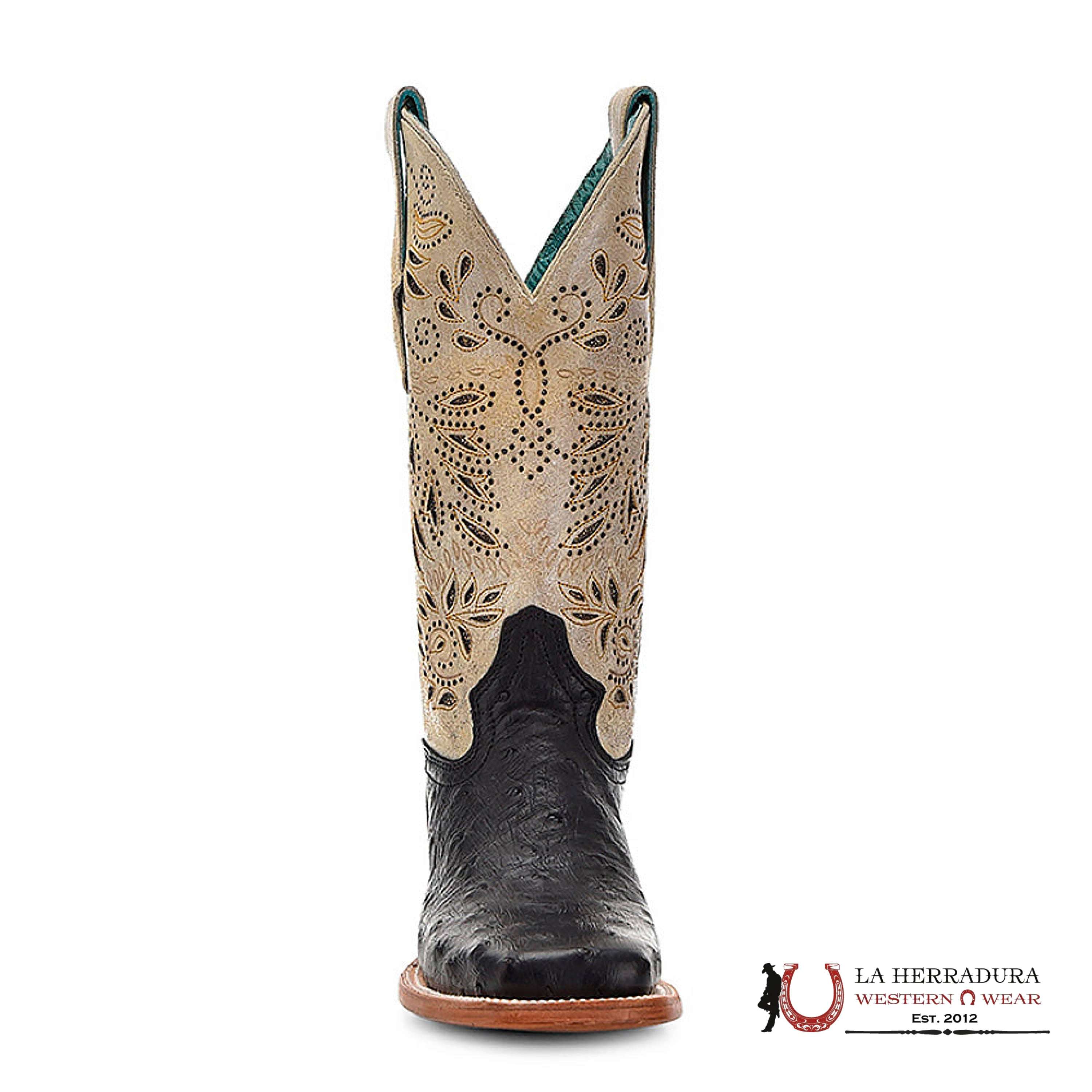 CORRAL LD BLACK/BONE OSTRICH EMBROIDERY & GLITTER SQ. TOE A4530 BOTAS MUJERES