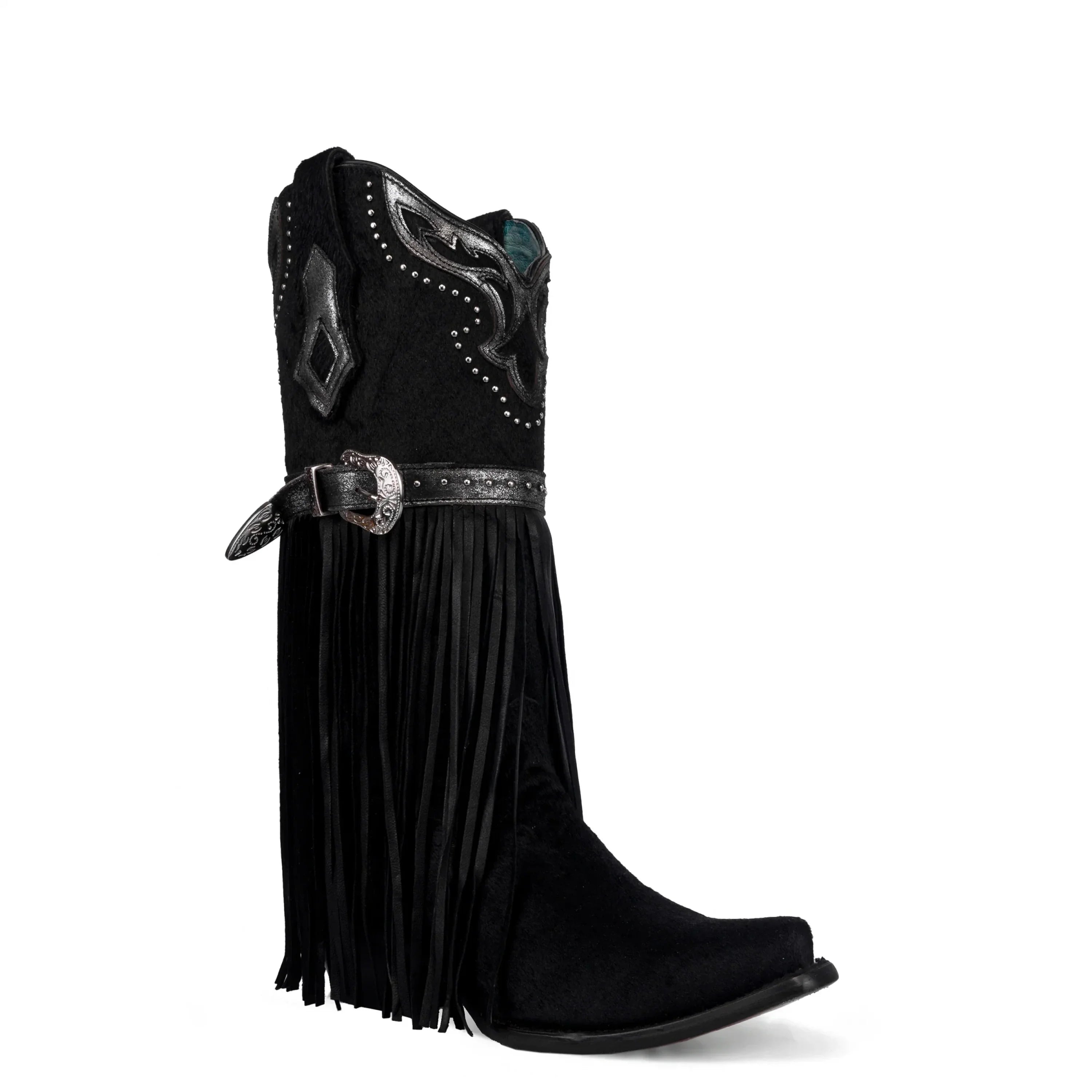 CORRAL LD BLACK FUR HARNESS & STUDS & LAMB FRINGES POINT TOE -C4082 BOTAS MUJERES